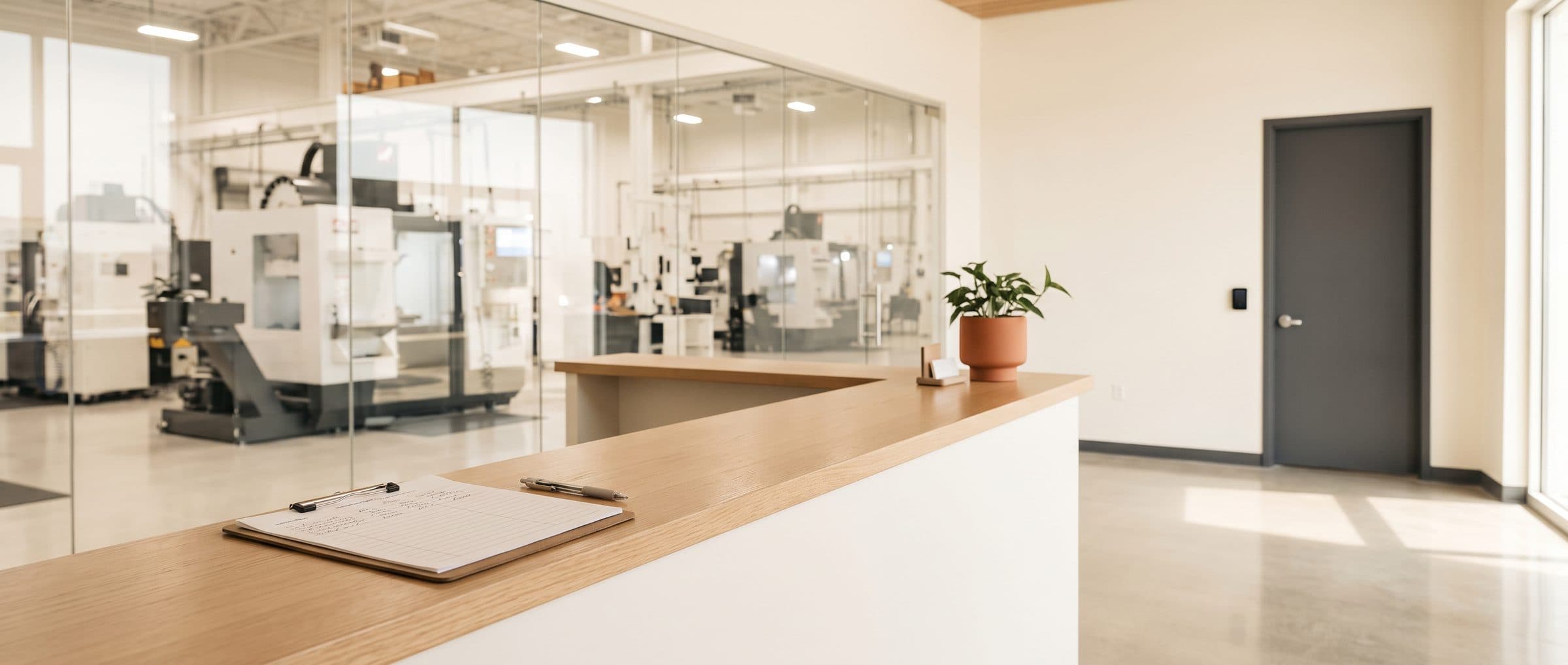Paper visitor sign-in sheet on the reception counter of a modern aerospace machine shop, with CNC machines behind a glass wall