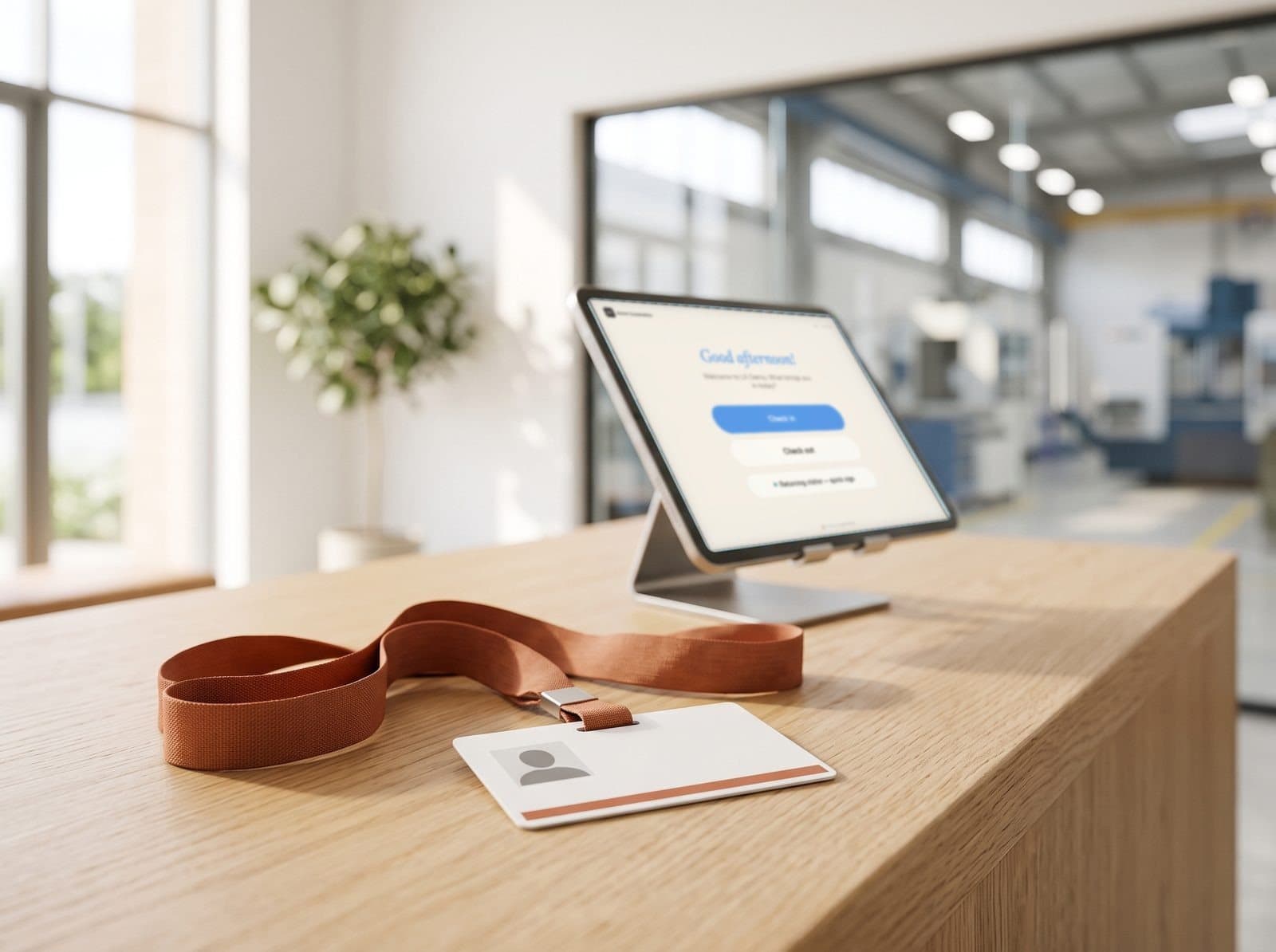 Printed visitor badge on a lanyard beside a tablet check-in kiosk at an aerospace manufacturer's reception