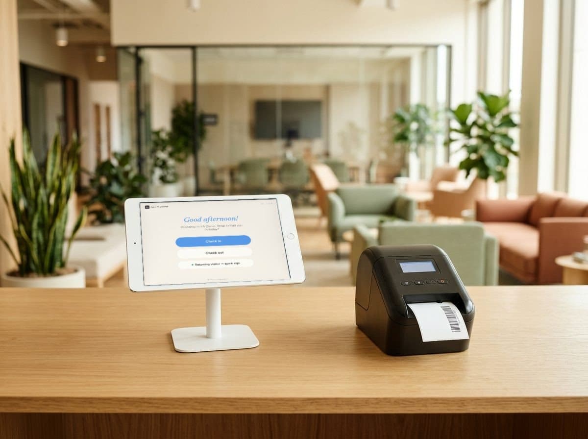 Tablet check-in kiosk with a Brother QL-820NWB badge printer on a corporate reception desk