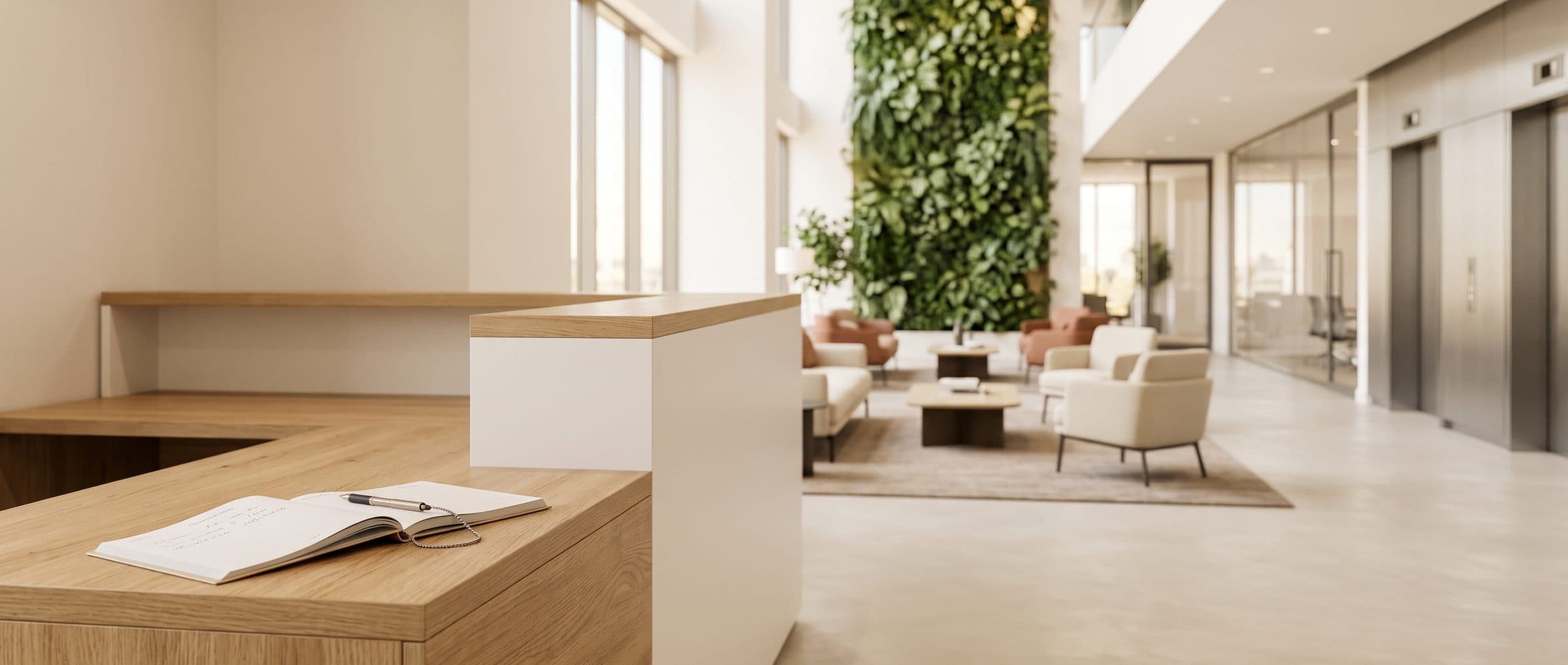 Paper visitor sign-in book on the reception desk of a modern corporate office lobby
