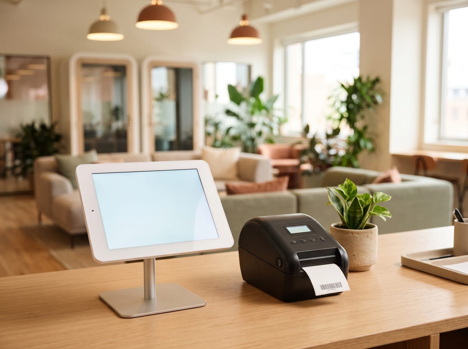 Tablet check-in kiosk with a Brother QL-820NWB badge printer on a coworking space front desk