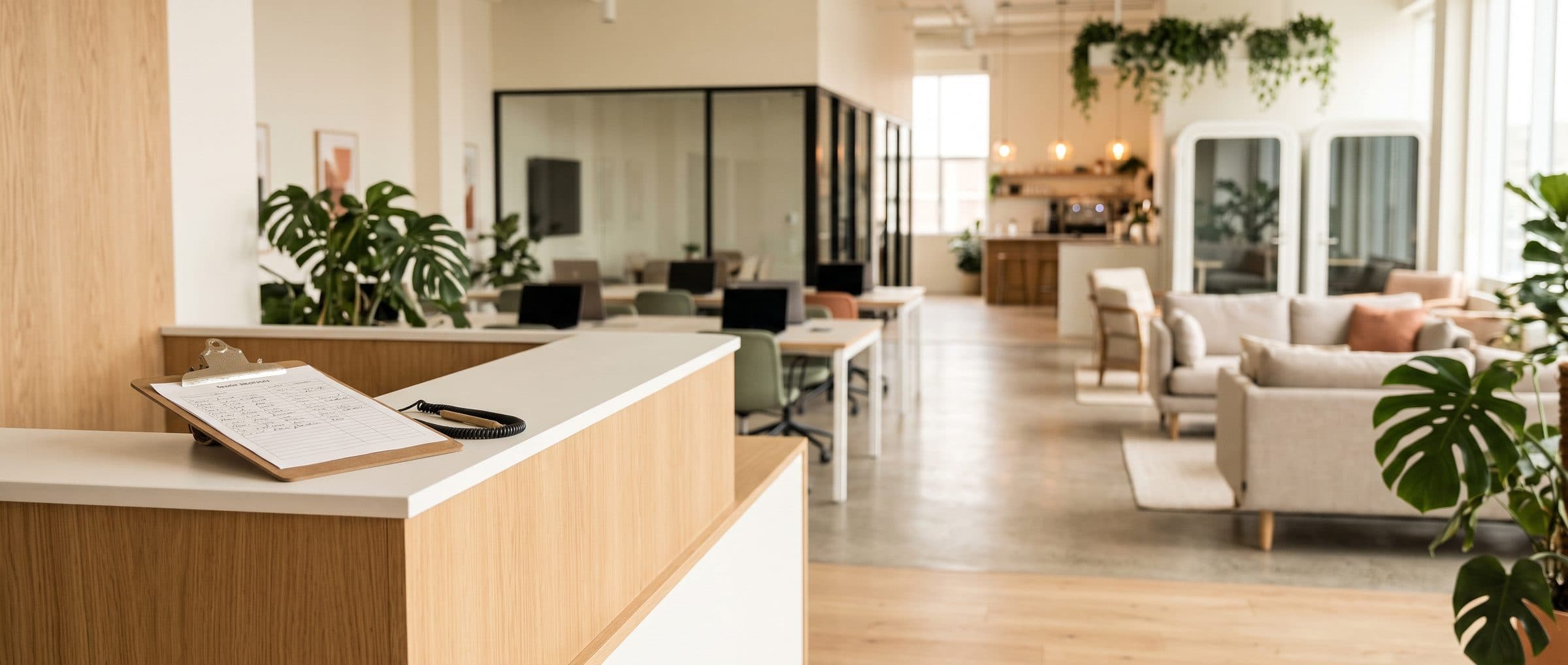 Paper guest sign-in sheet on the front desk of a modern coworking space, with lounges and phone booths behind