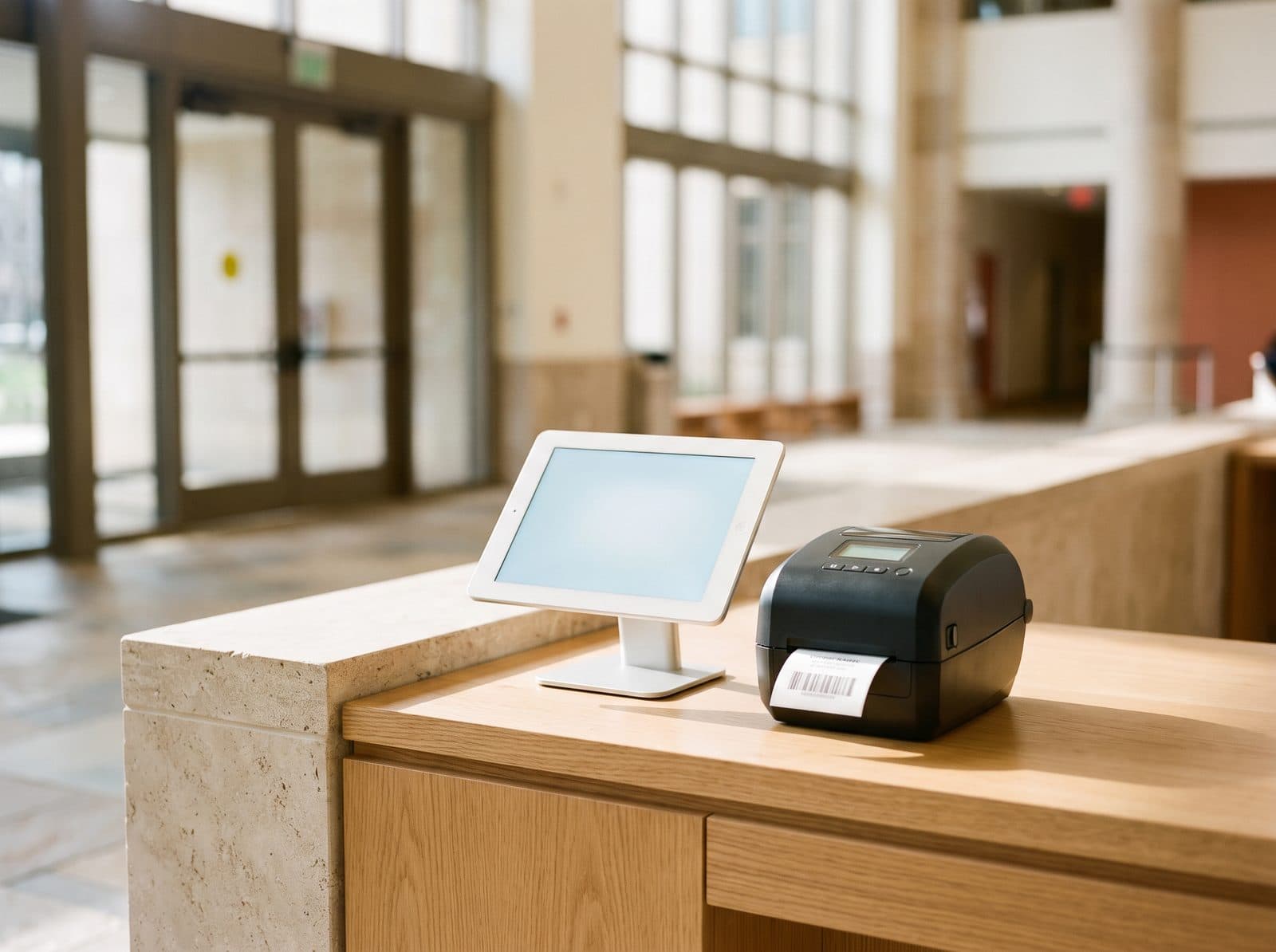 Tablet check-in kiosk with a Brother QL-820NWB badge printer on a city hall reception desk