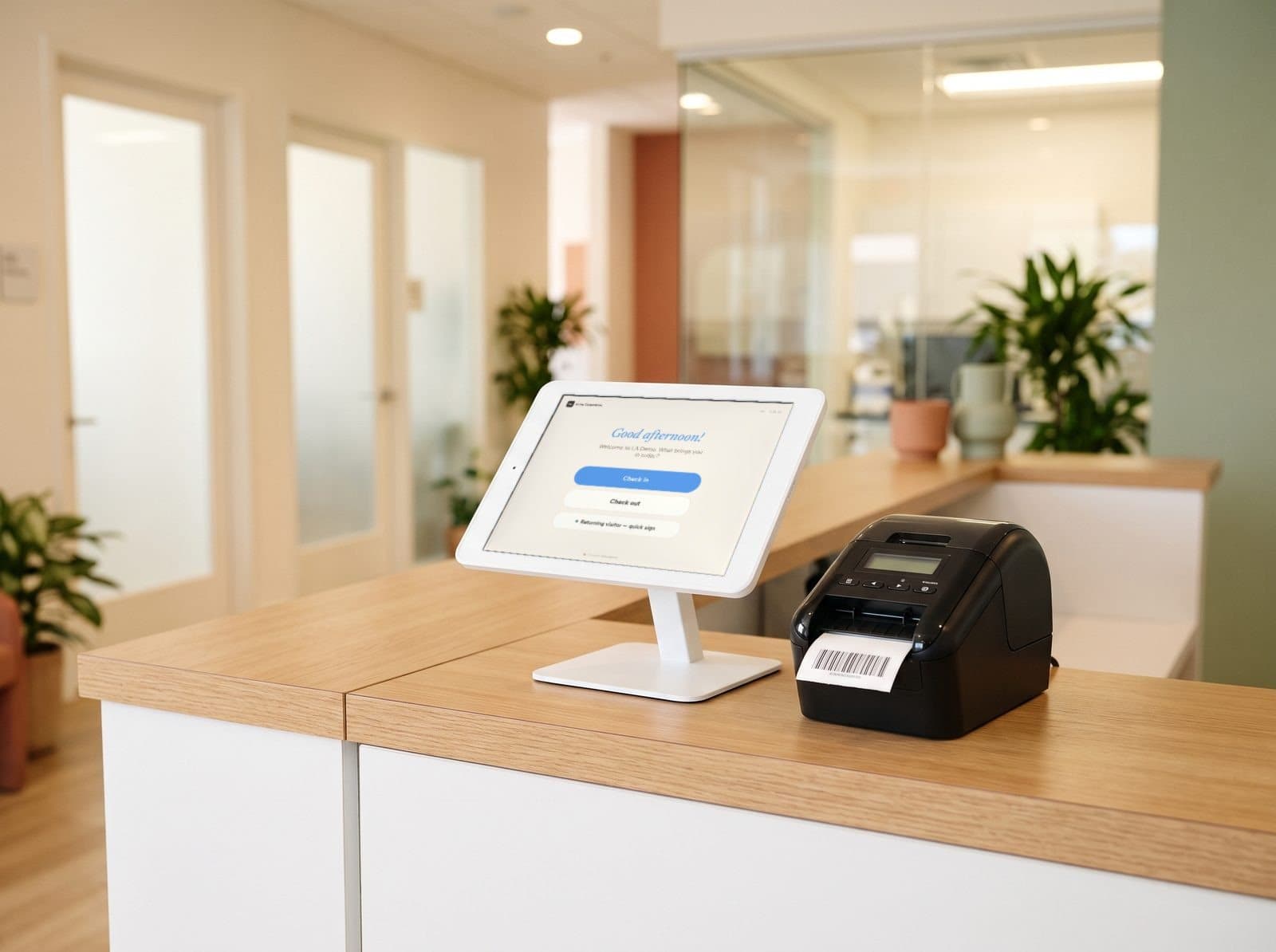 Tablet check-in kiosk with a Brother QL-820NWB badge printer on a medical clinic reception counter