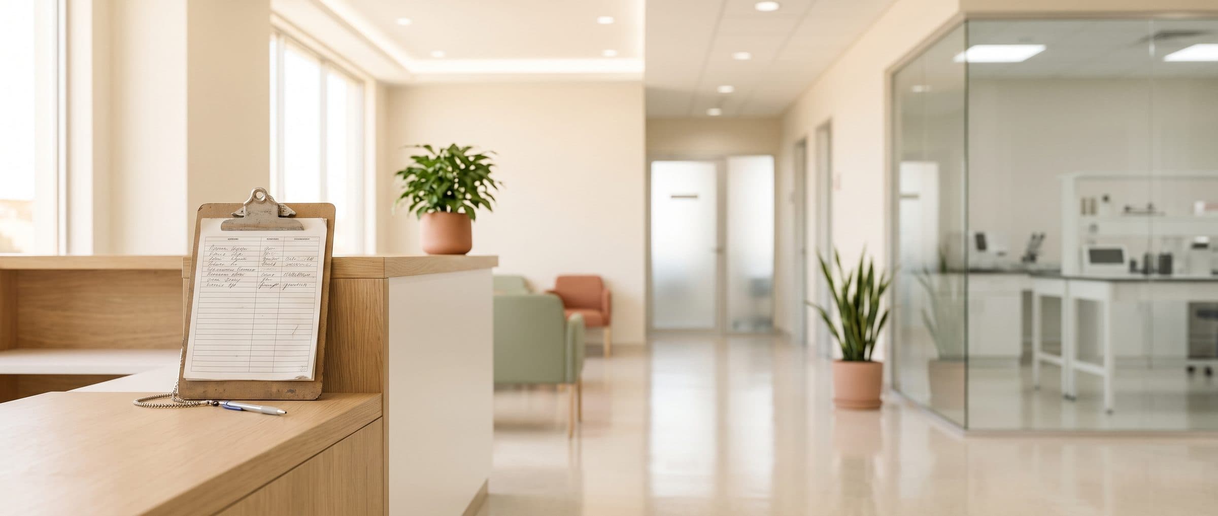 Paper vendor sign-in sheet on the reception counter of a modern medical clinic, with a corridor to exam rooms and the lab behind