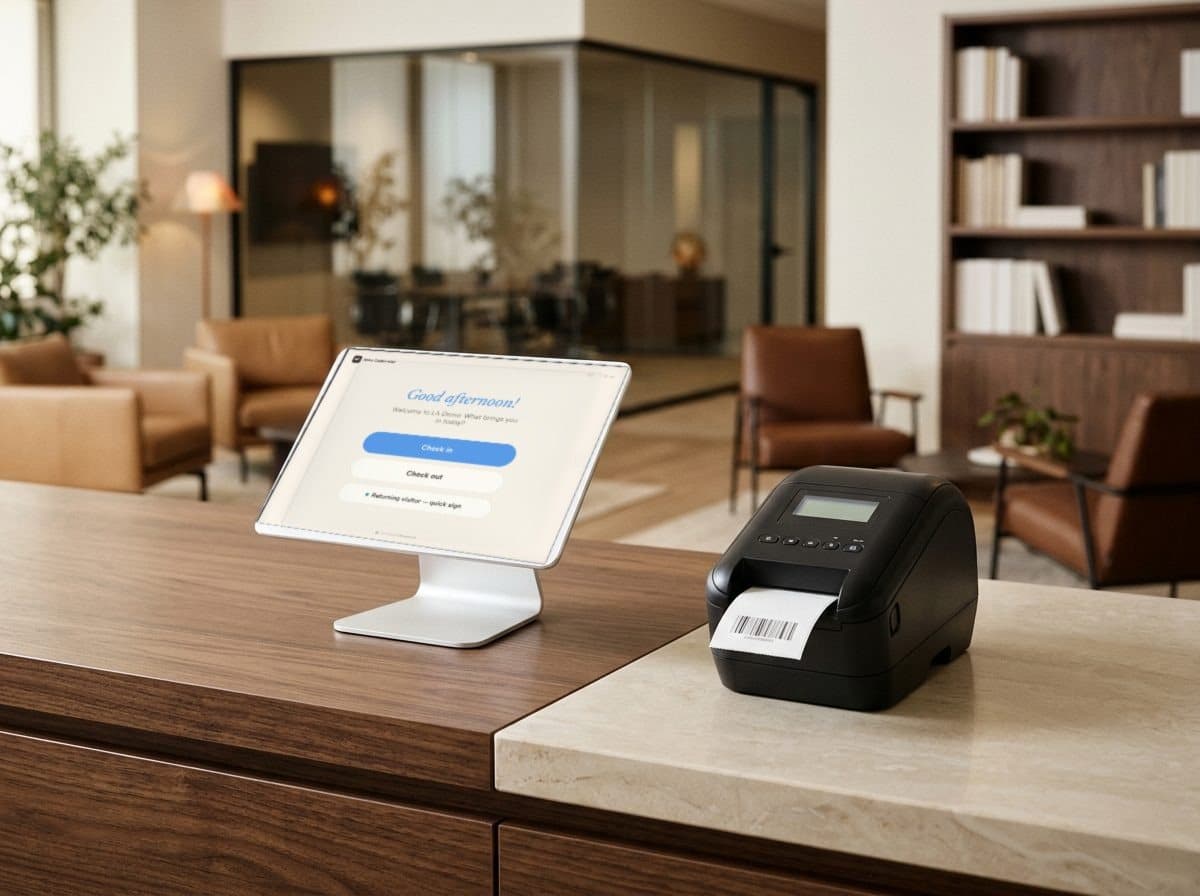 Tablet check-in kiosk with a Brother QL-820NWB badge printer on a law firm reception desk