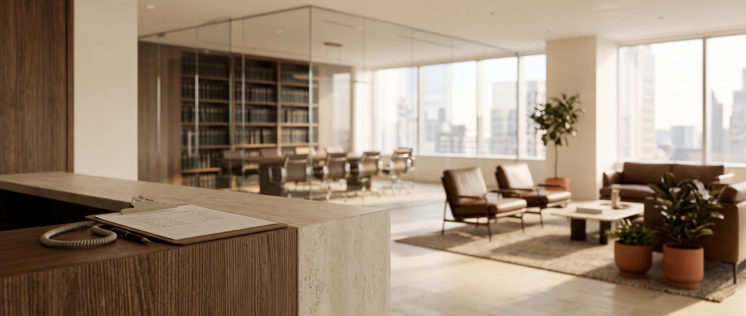 Paper visitor sign-in sheet on the reception desk of a modern law firm