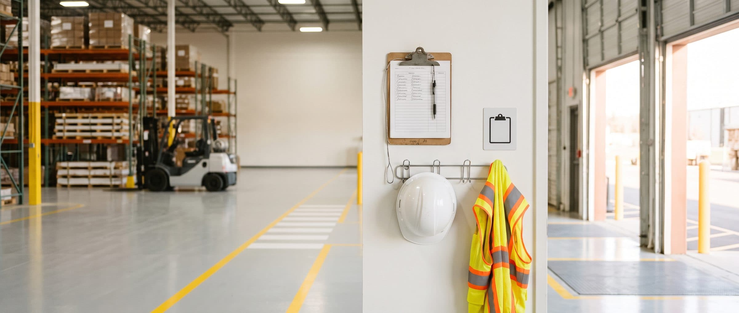 Paper driver sign-in sheet on a clipboard at the dock entrance of a modern warehouse, with a hard hat and safety vest below