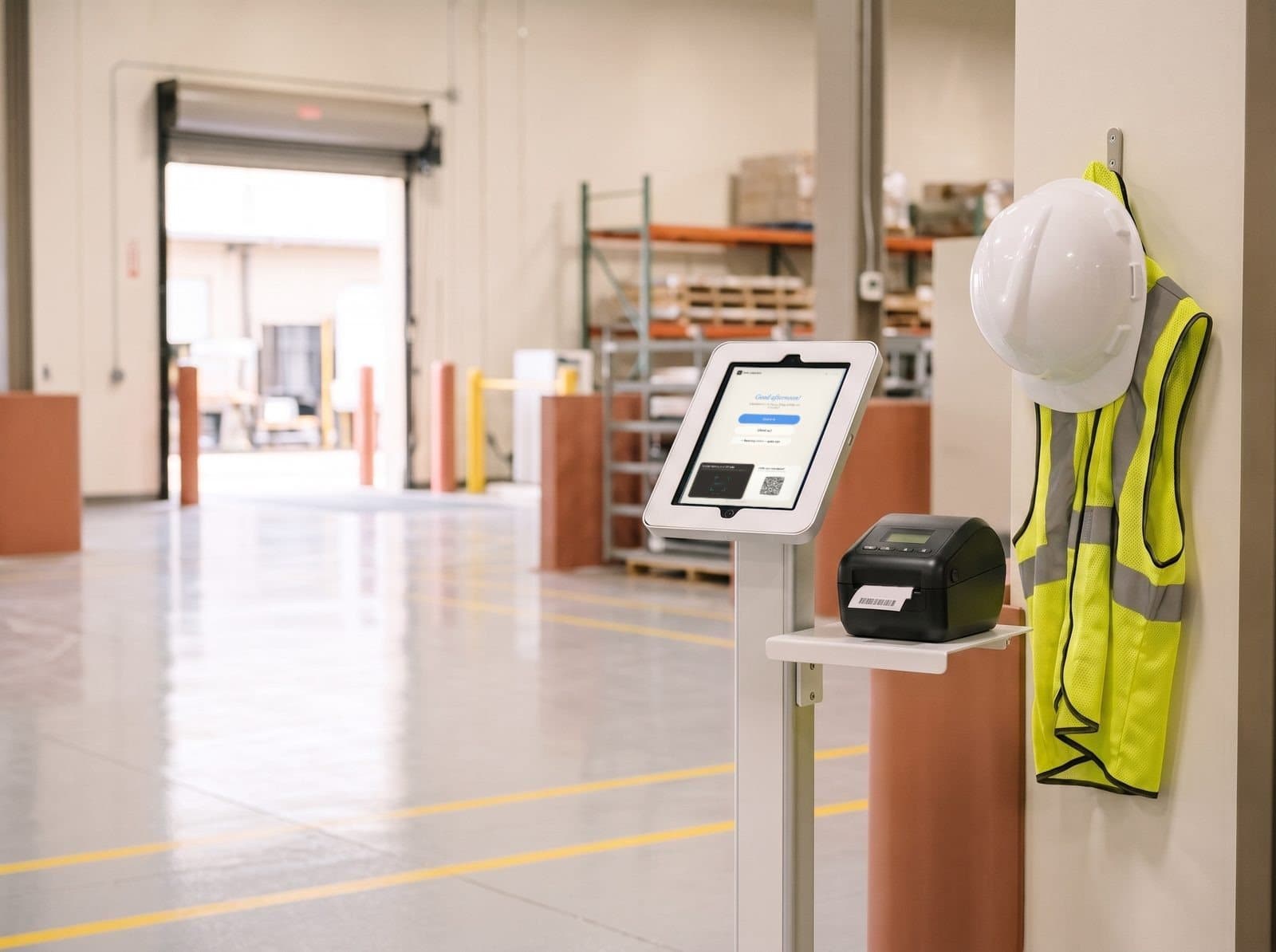 Tablet check-in kiosk with a Brother QL-820NWB badge printer at the dock entrance of a warehouse