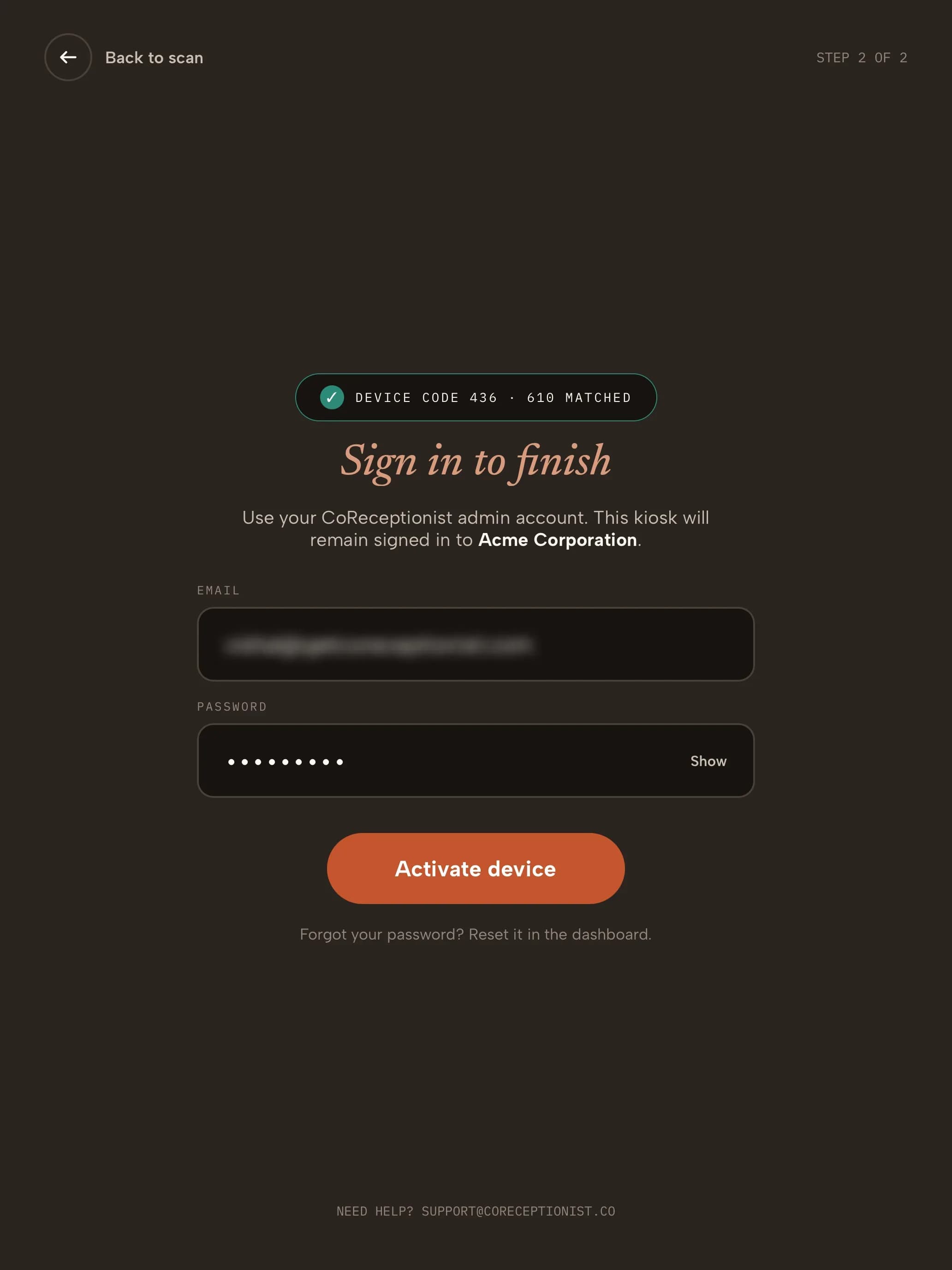 Kiosk Sign in to finish screen after the device code matched