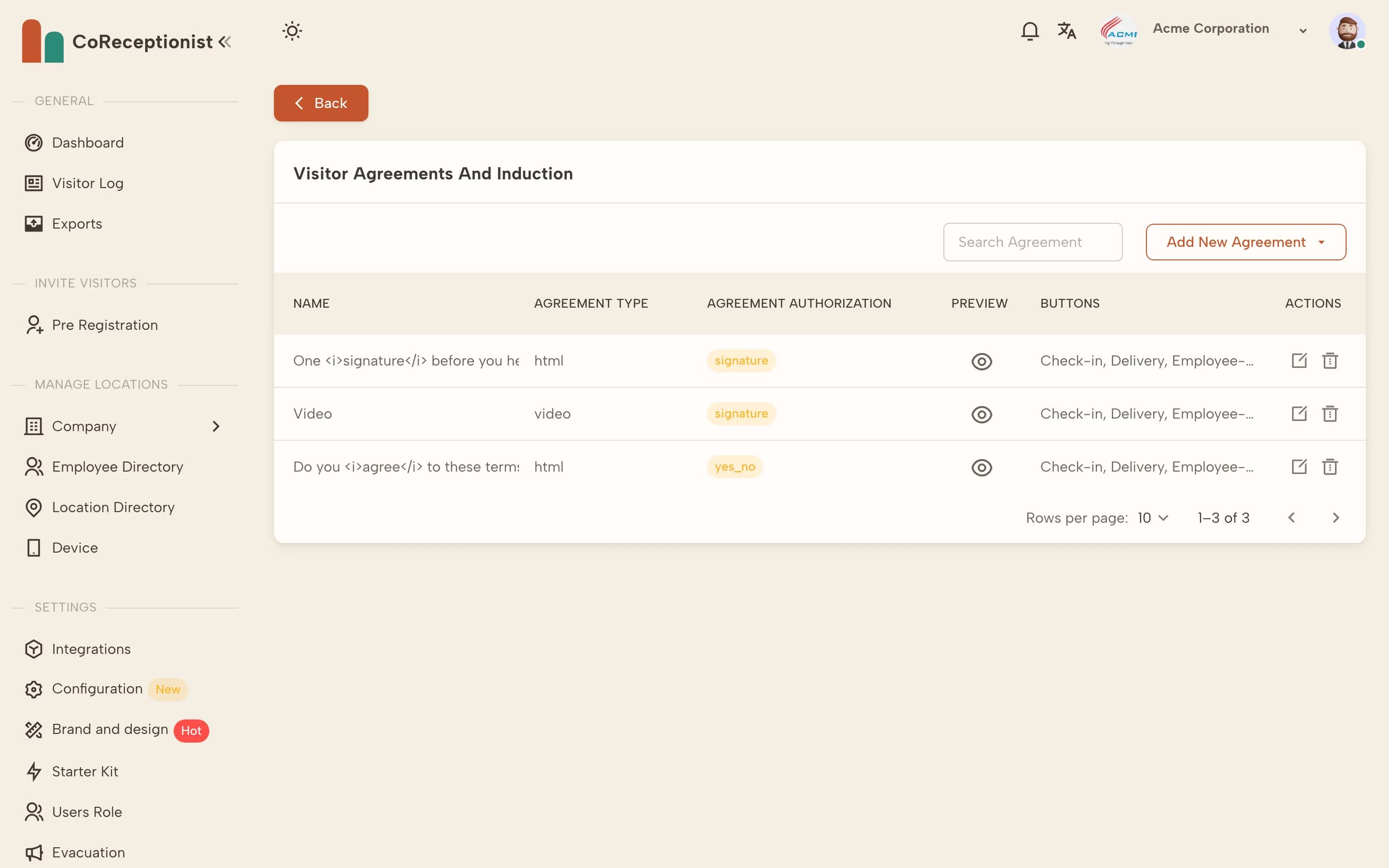 Visitor Agreements and Induction list