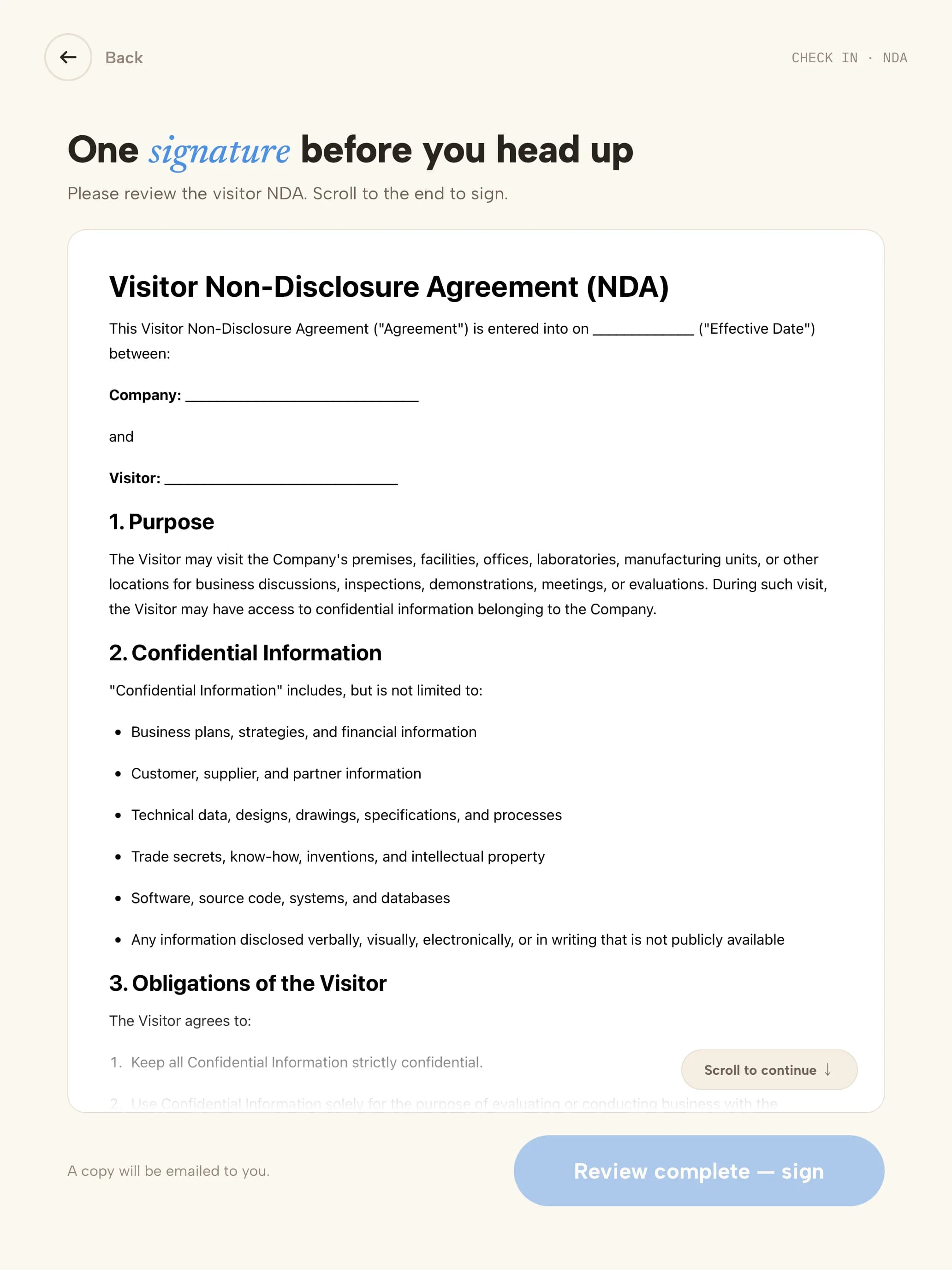 Agreement shown on the kiosk