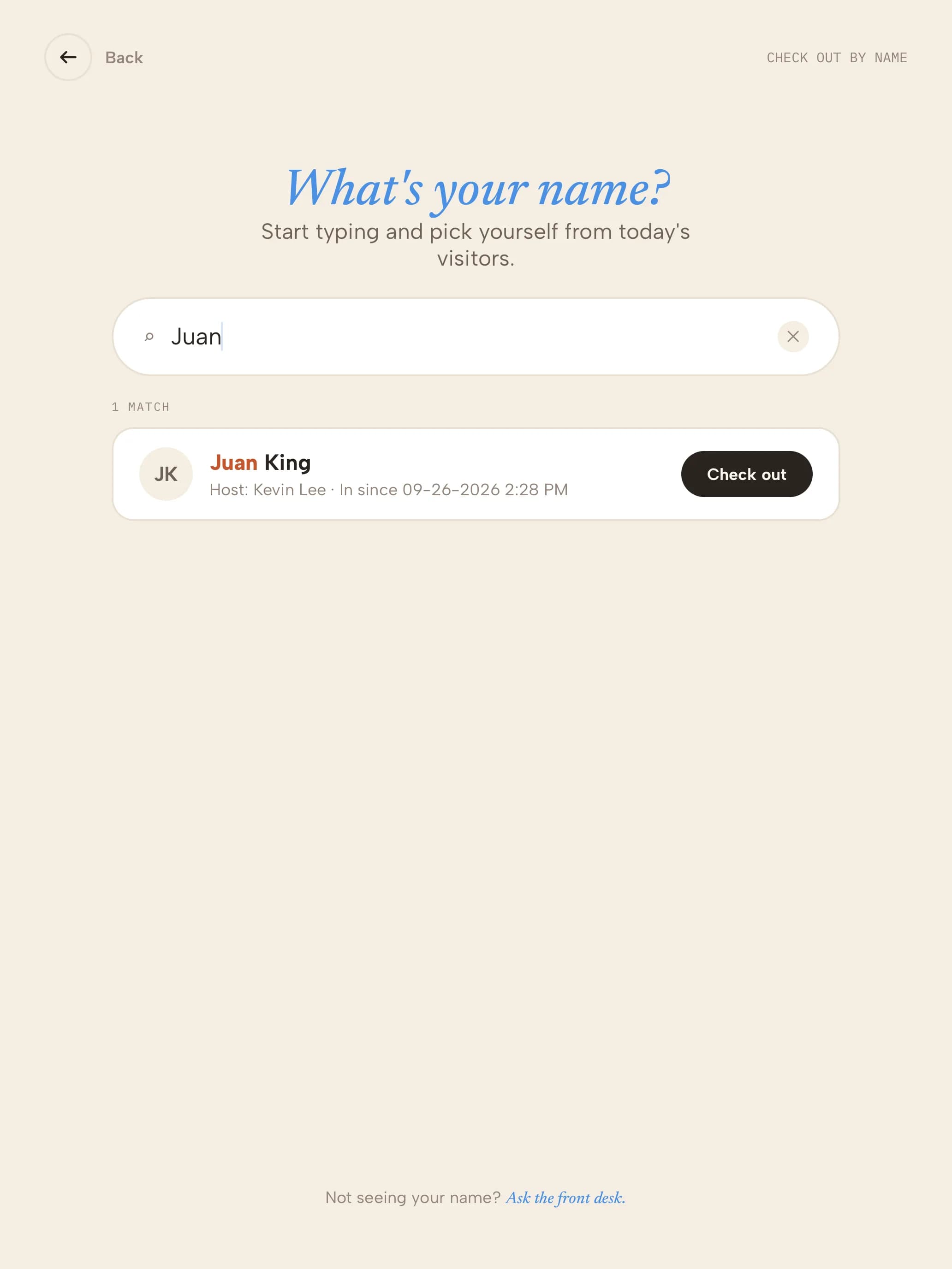 Kiosk check-out by name with a matching visitor