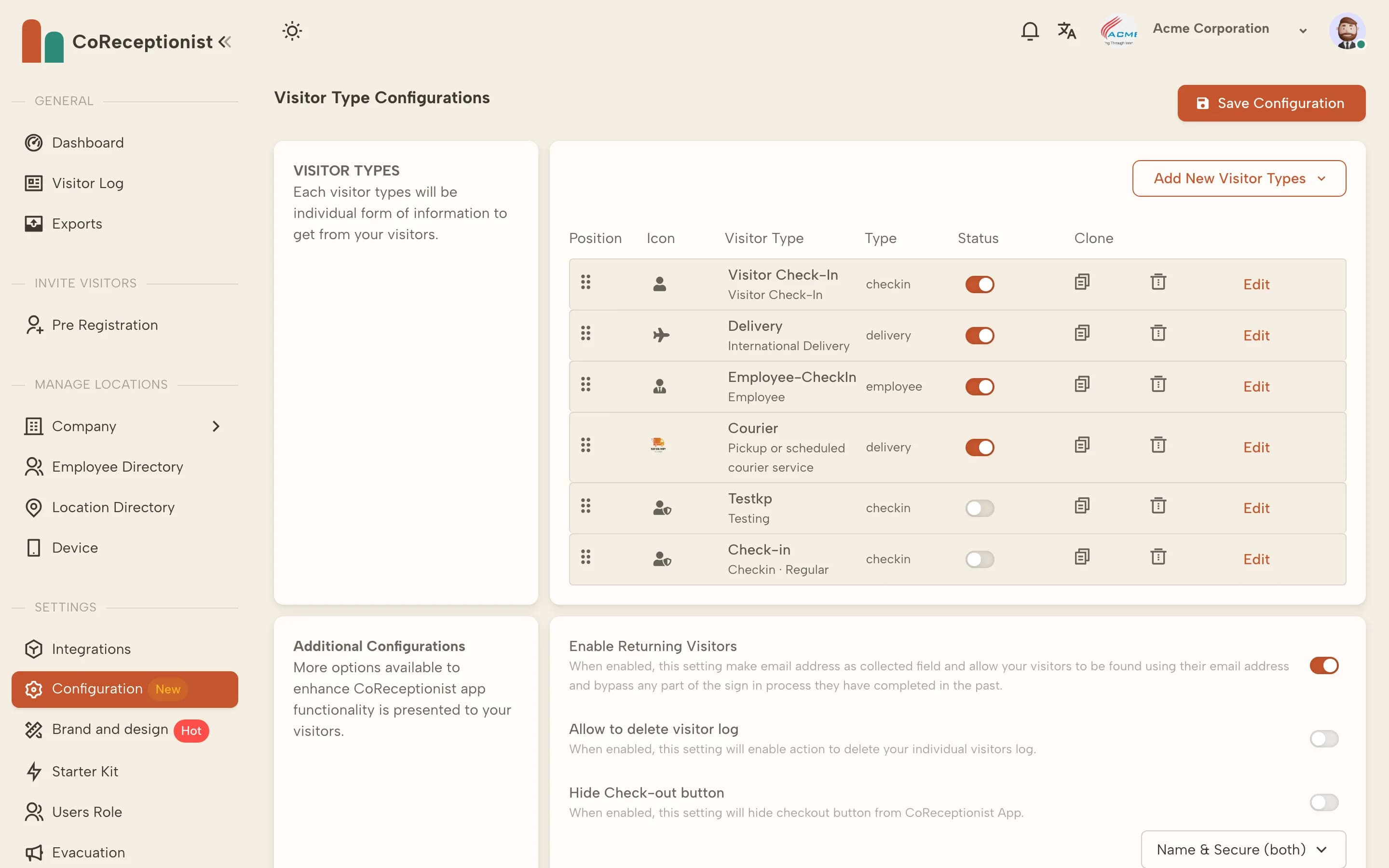 Visitor type configurations in the dashboard