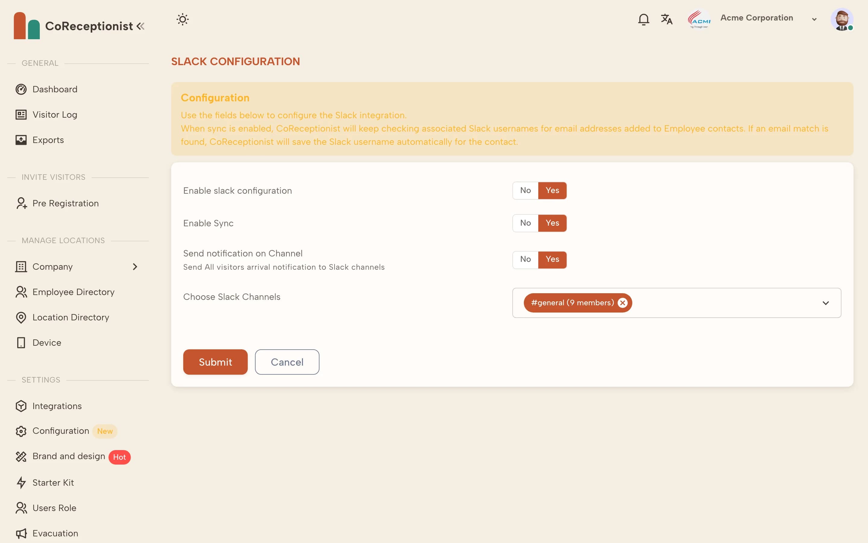 Slack configuration with sync and channel notifications enabled
