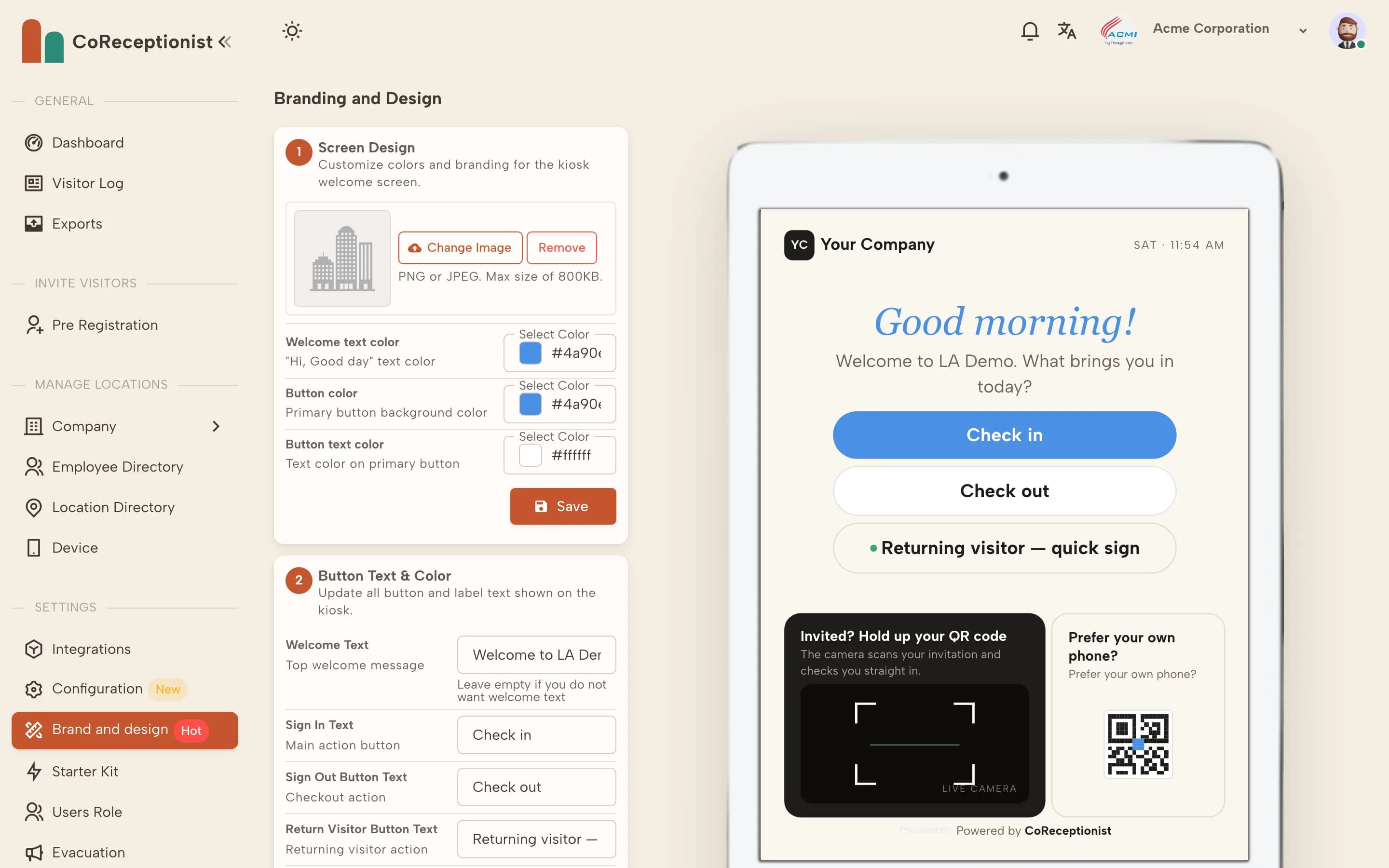 Brand and design settings with a live kiosk preview