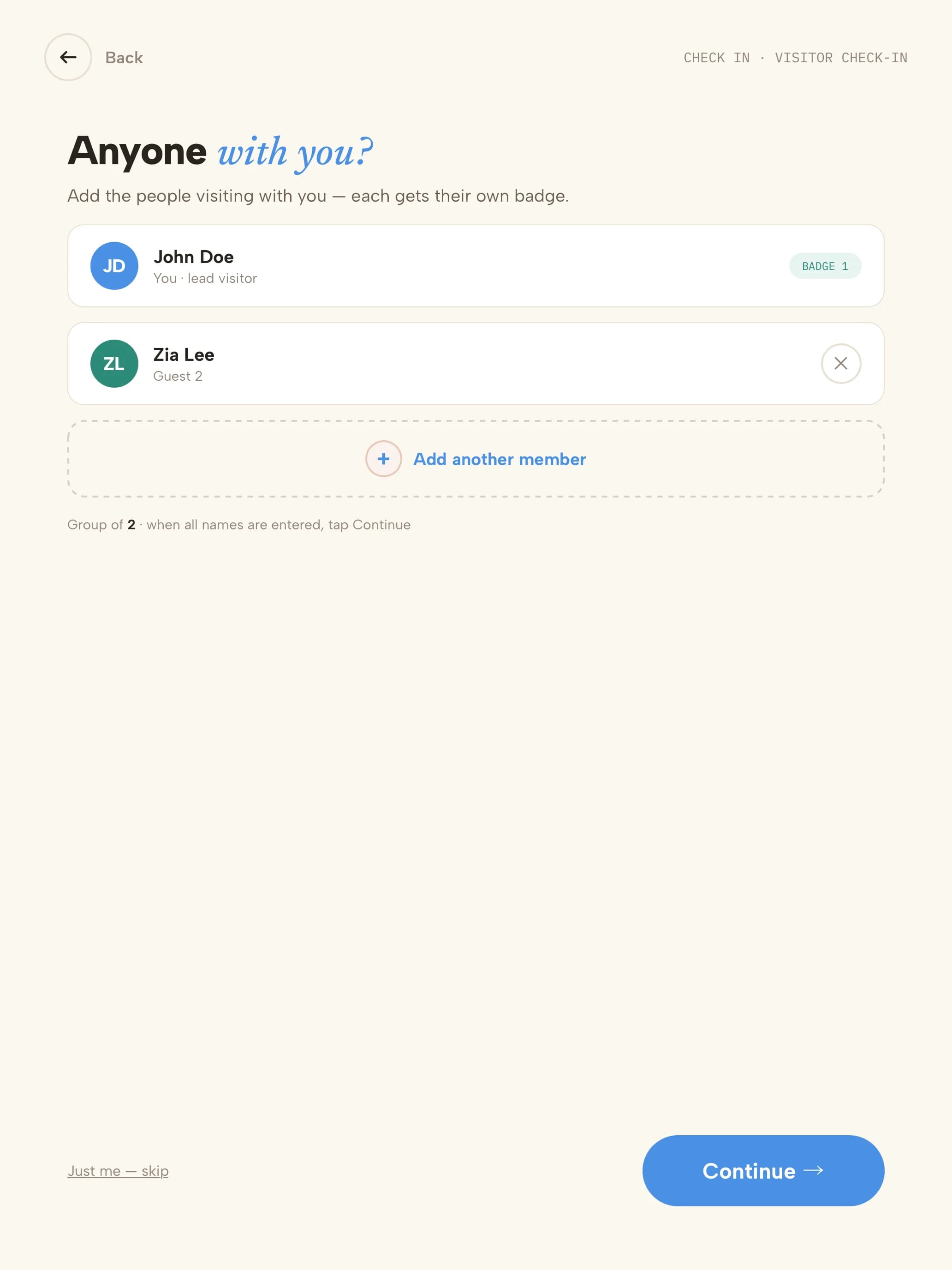 Kiosk group check-in screen