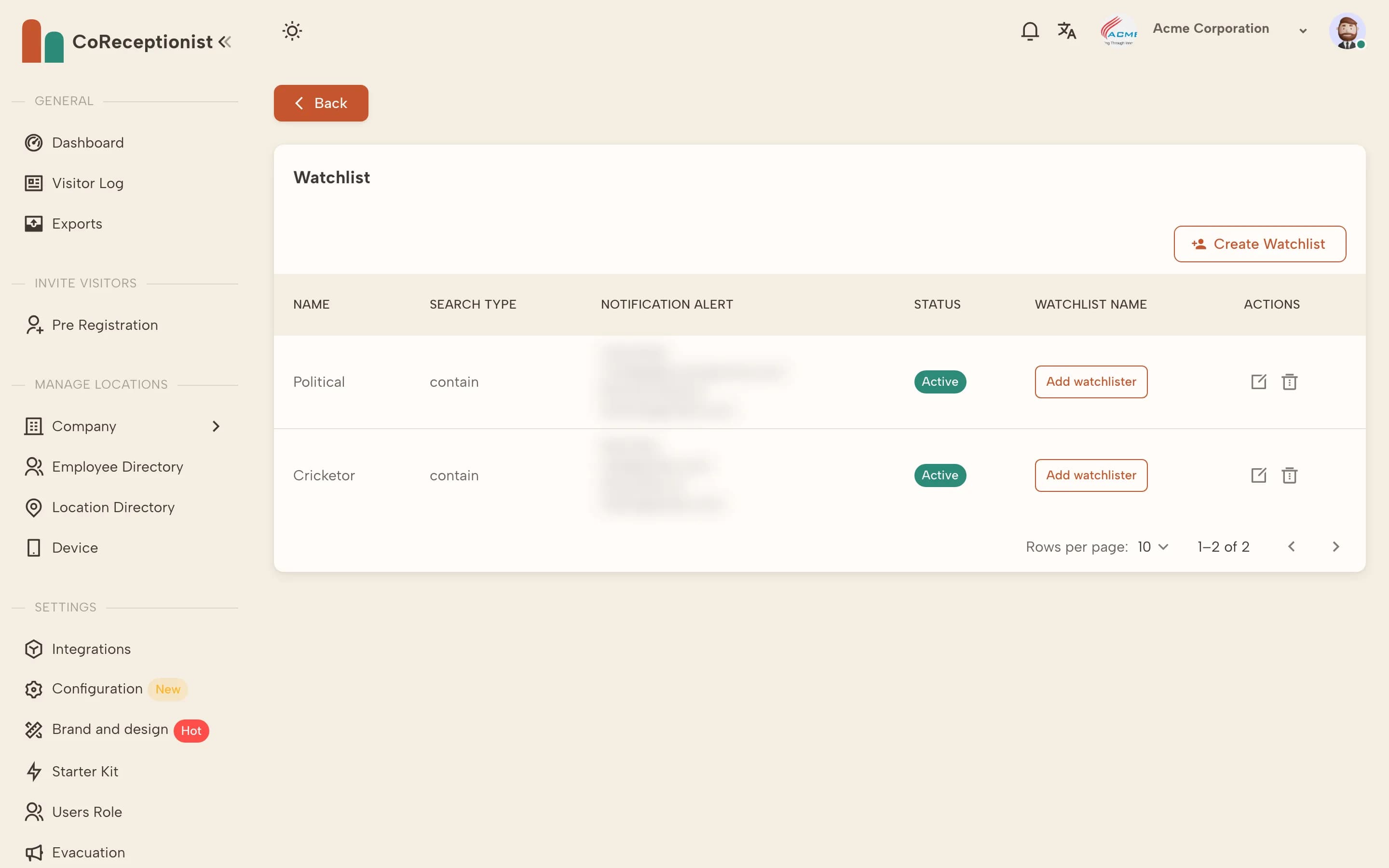 Watchlist list with the Create Watchlist button