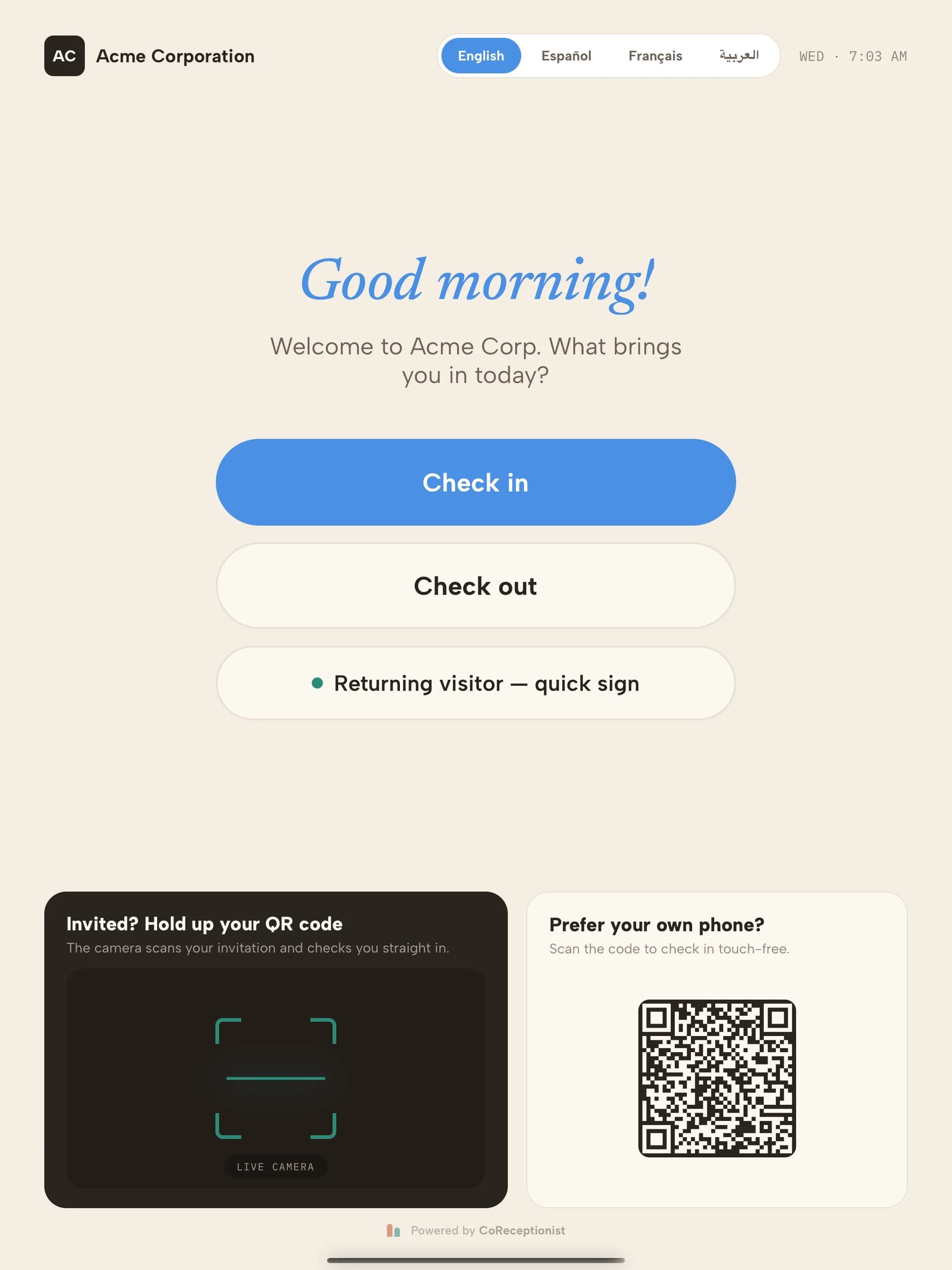 CoReceptionist kiosk welcome screen with Check in, Check out and Returning visitor buttons and a language picker