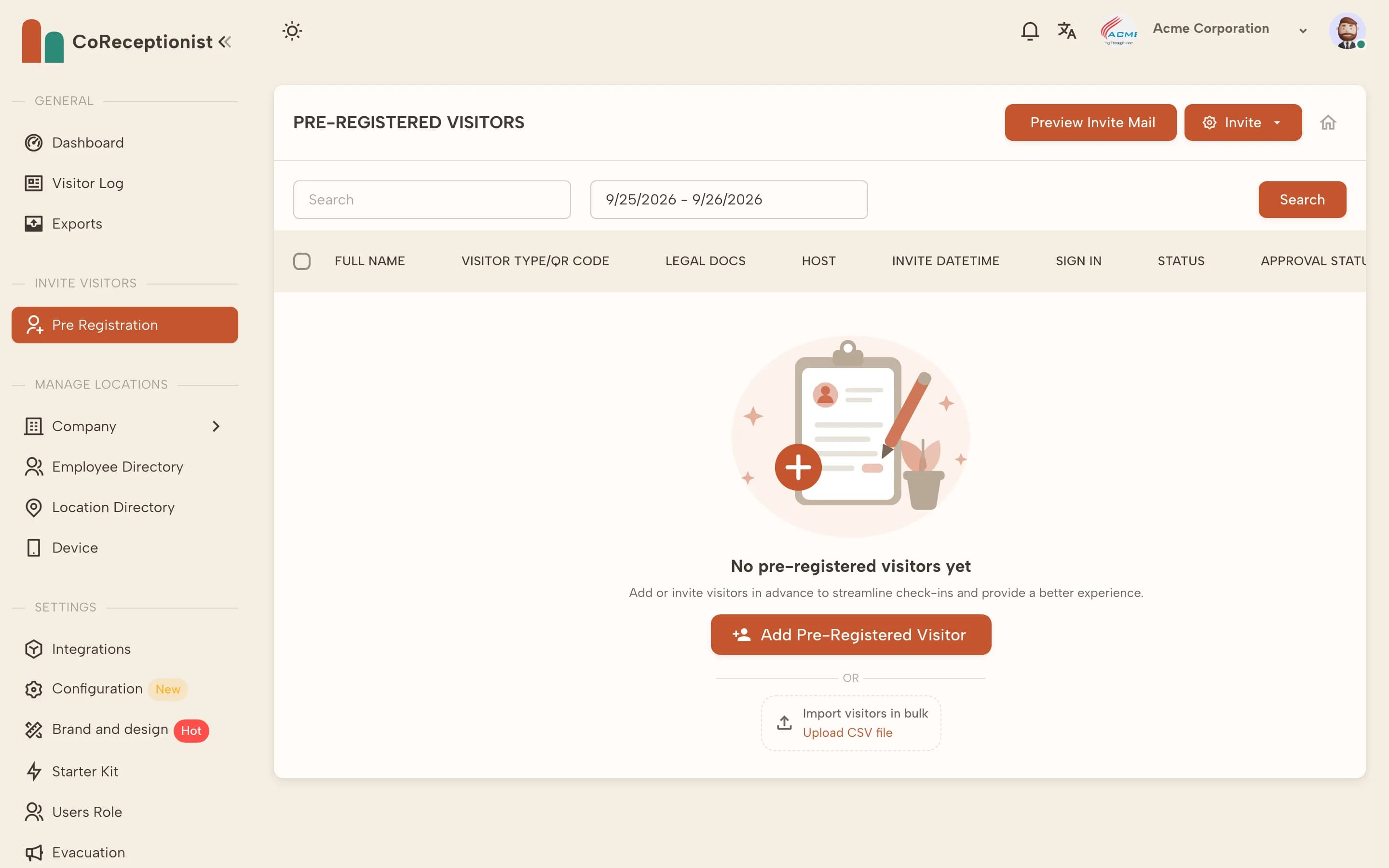 Pre-Registered Visitors page
