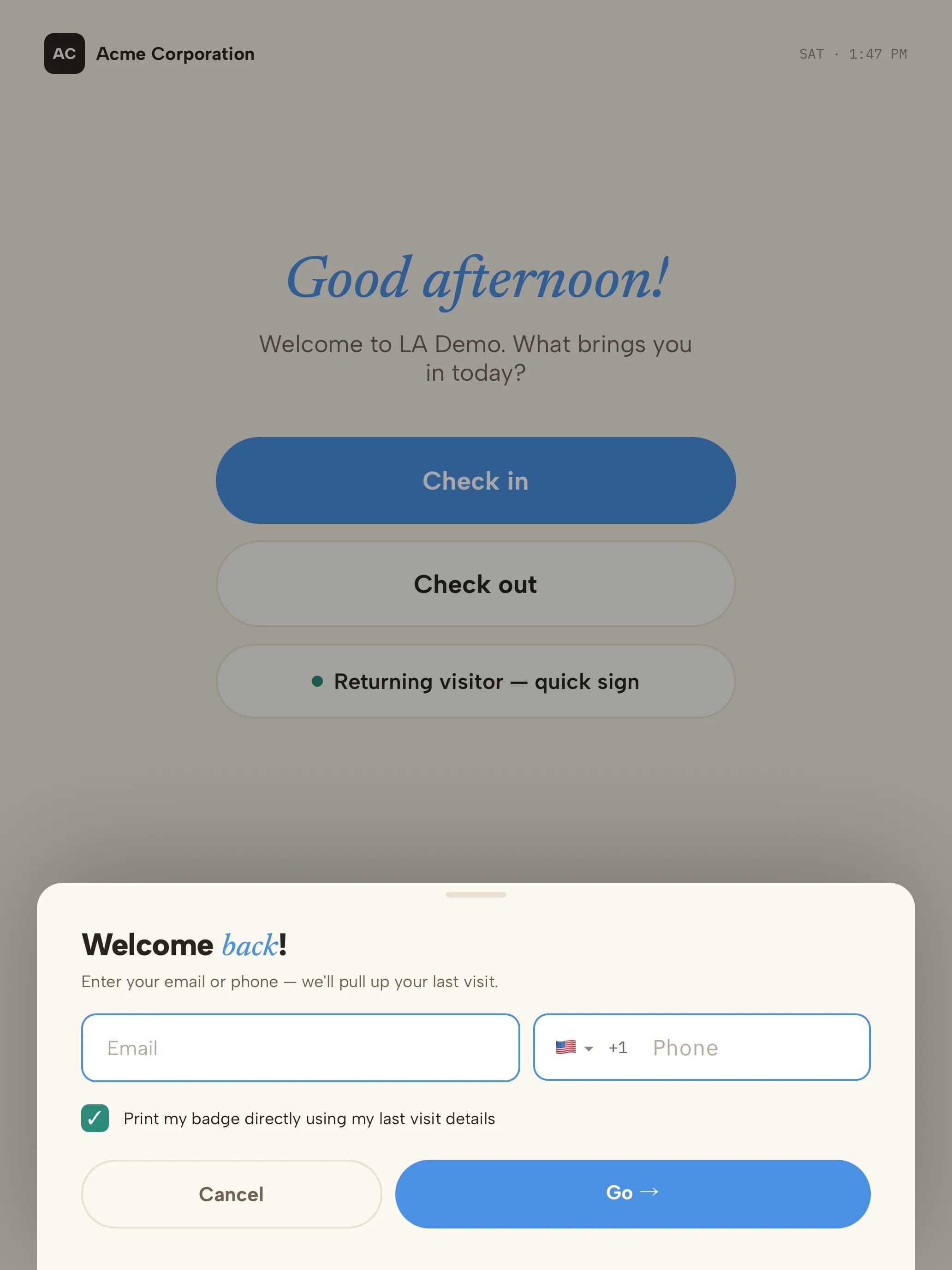 Returning visitor quick sign-in