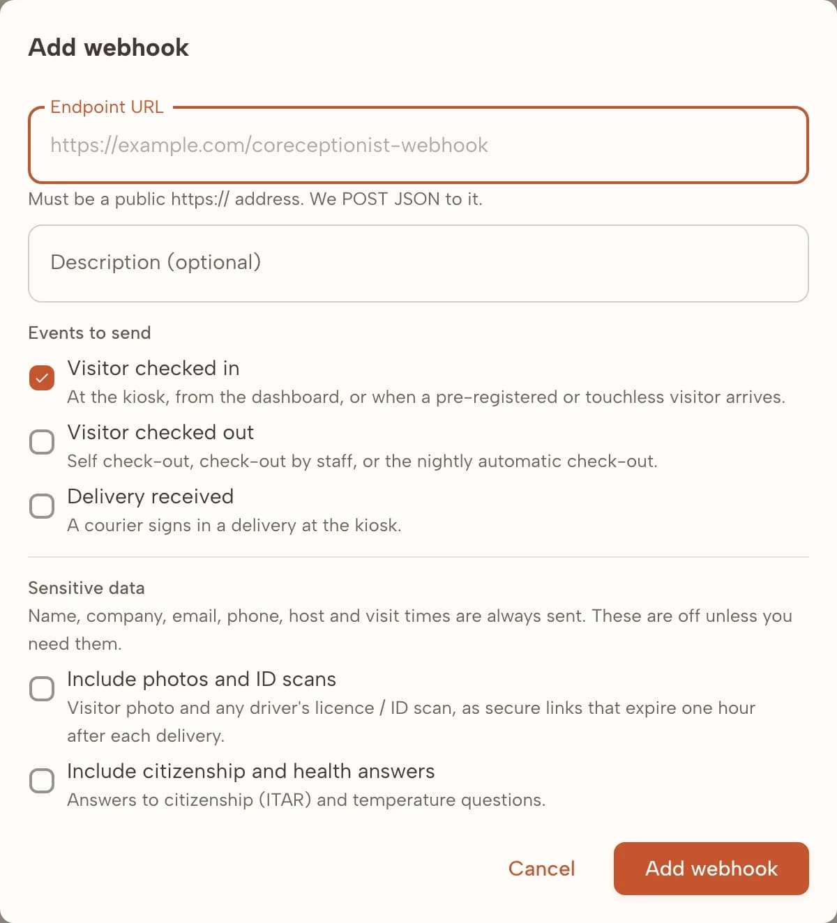 Add webhook dialog with the endpoint URL, description, events and sensitive-data options