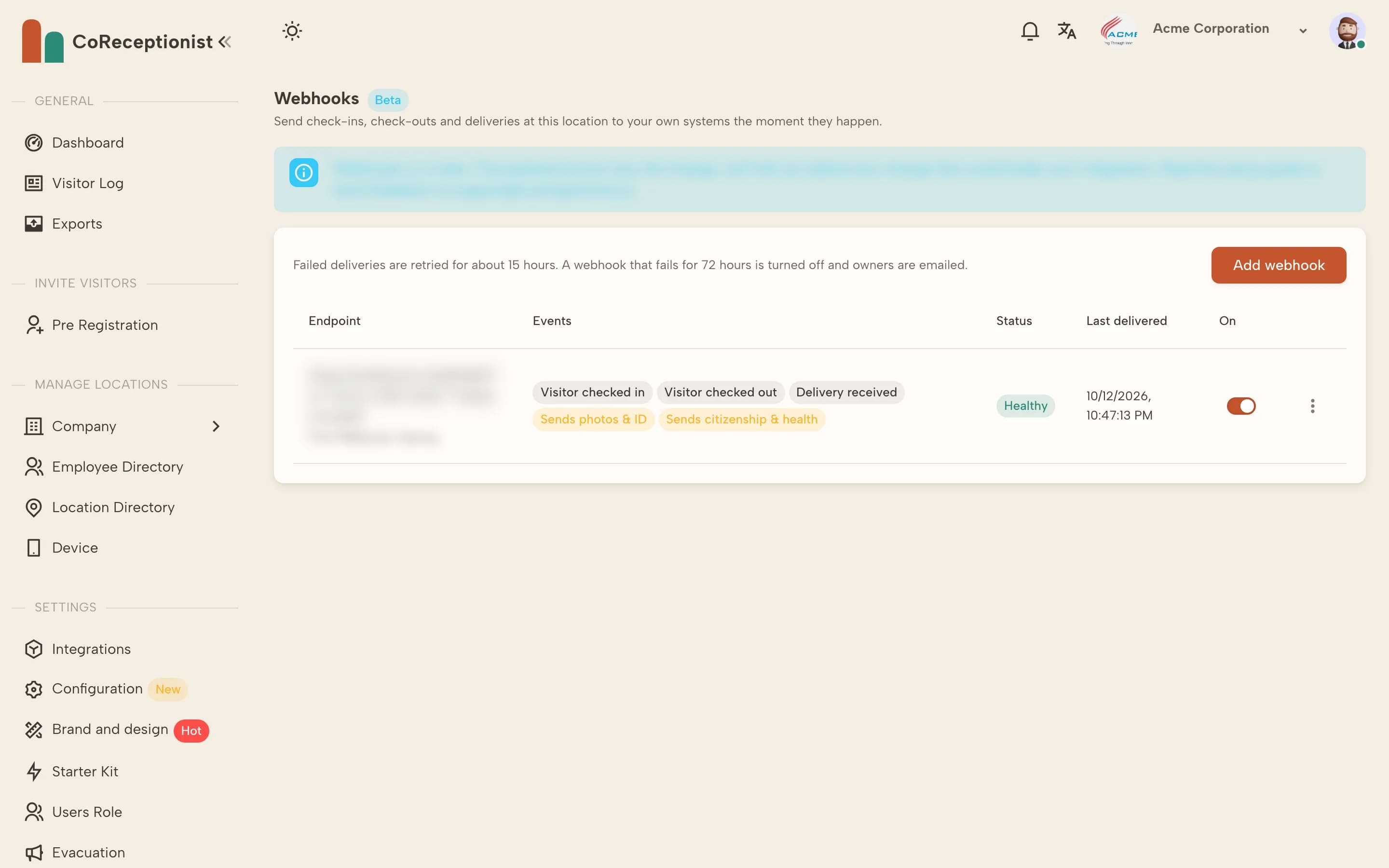 Webhooks page listing endpoints with their events, status and last delivery