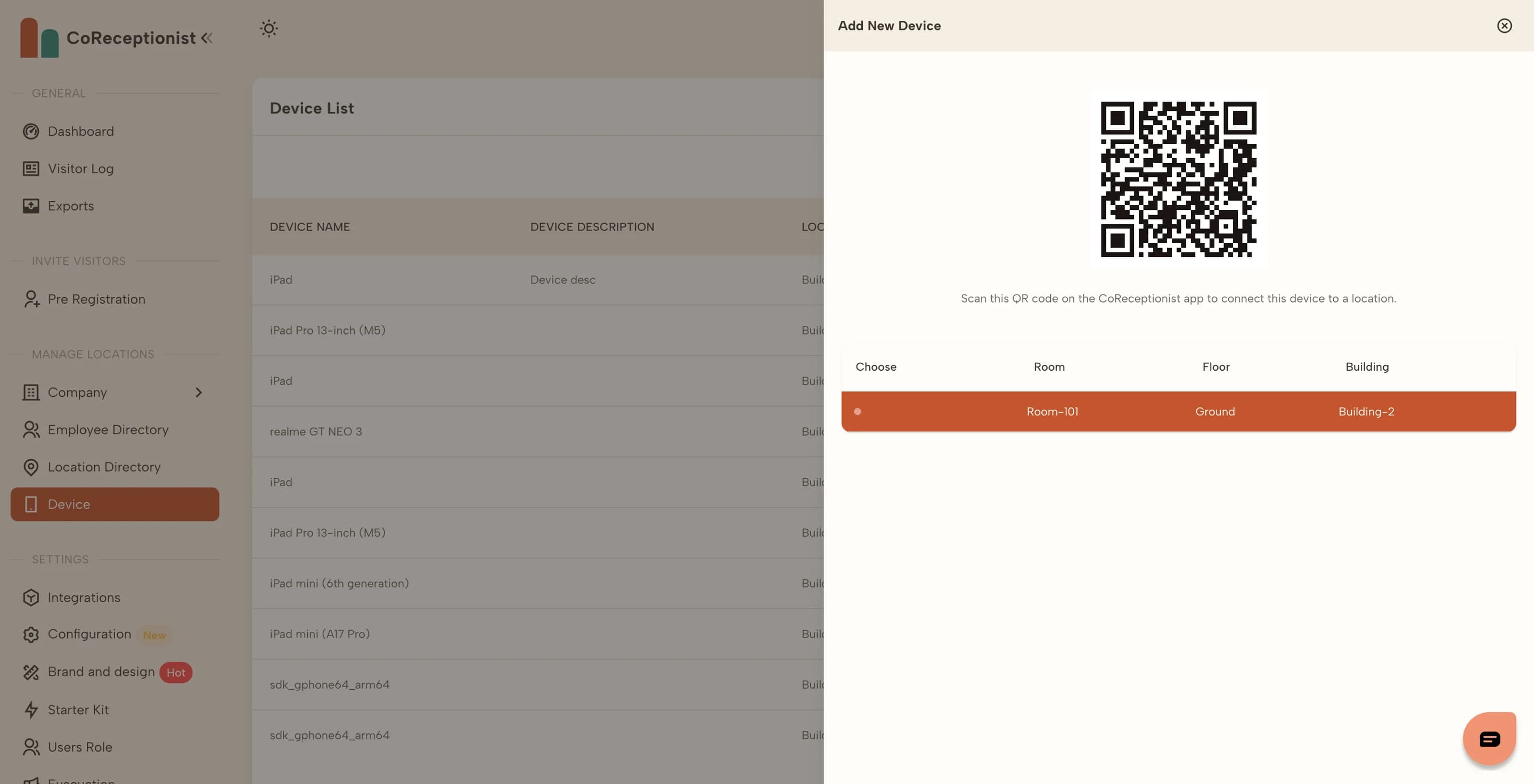Add New Device drawer with a location chosen and its pairing QR code