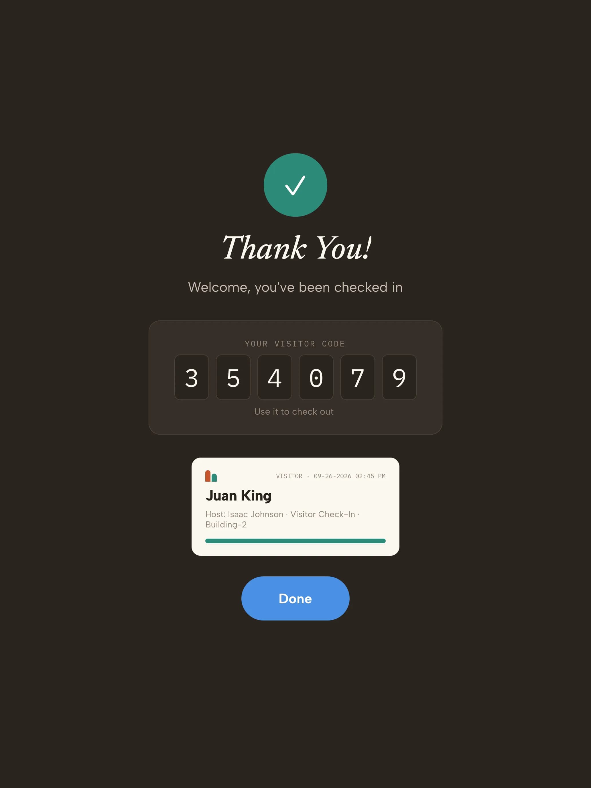 Kiosk Thank You screen with a badge preview