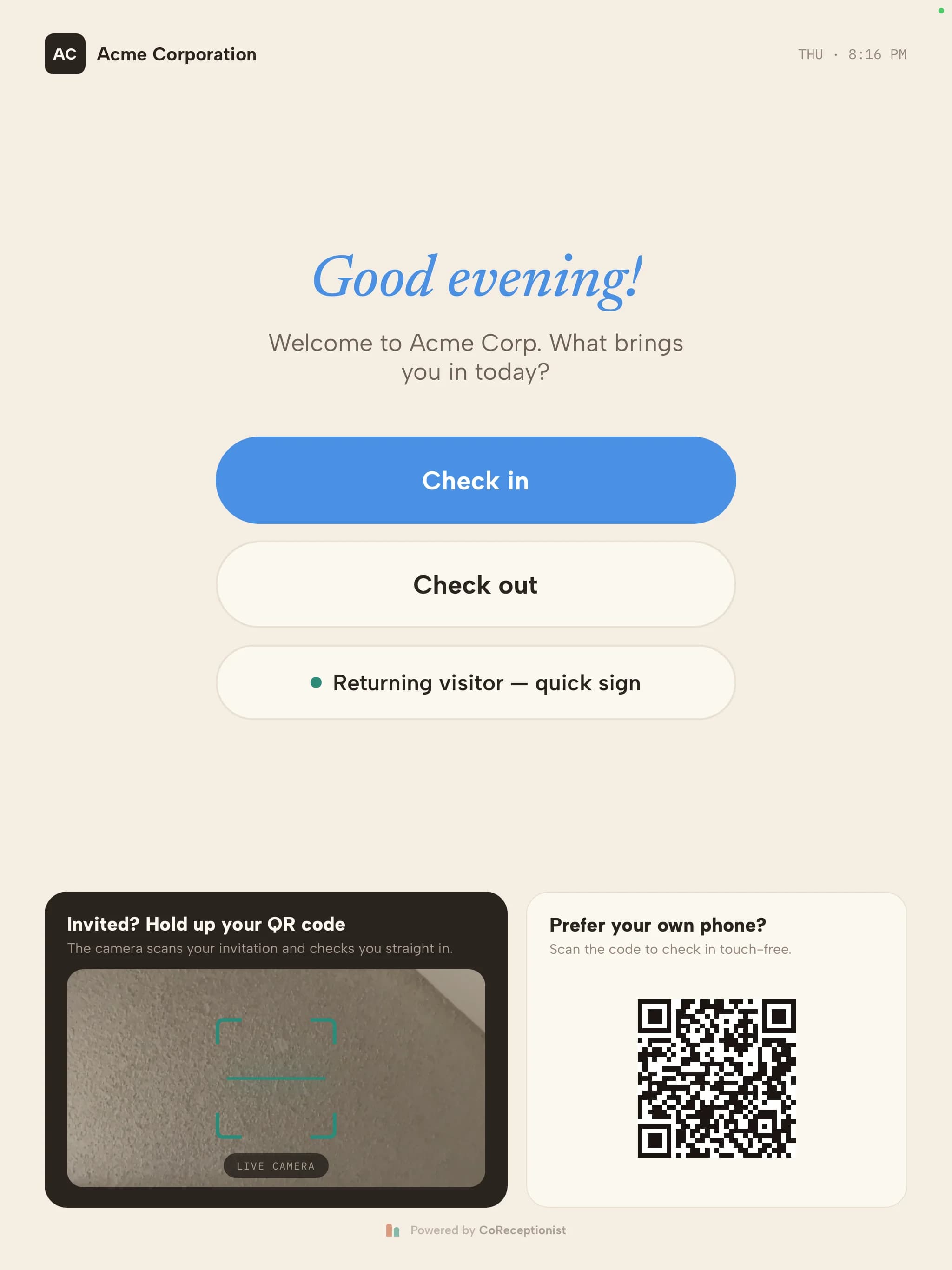 Kiosk welcome screen after pairing, ready for check-in
