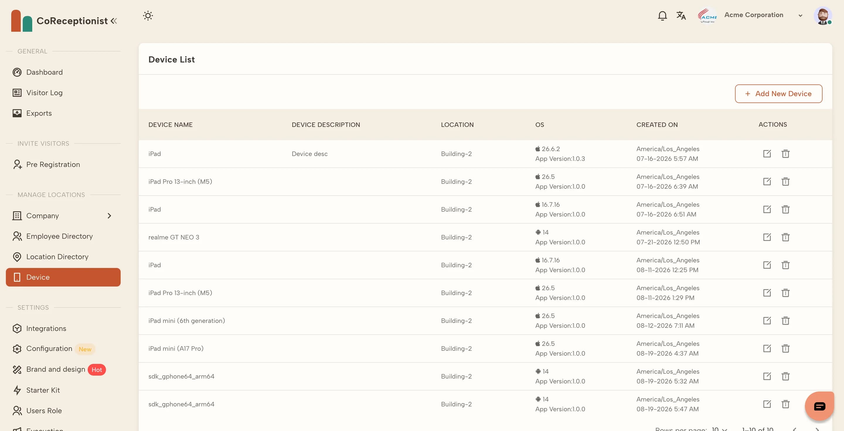 Device List with each tablet's location, OS and app version