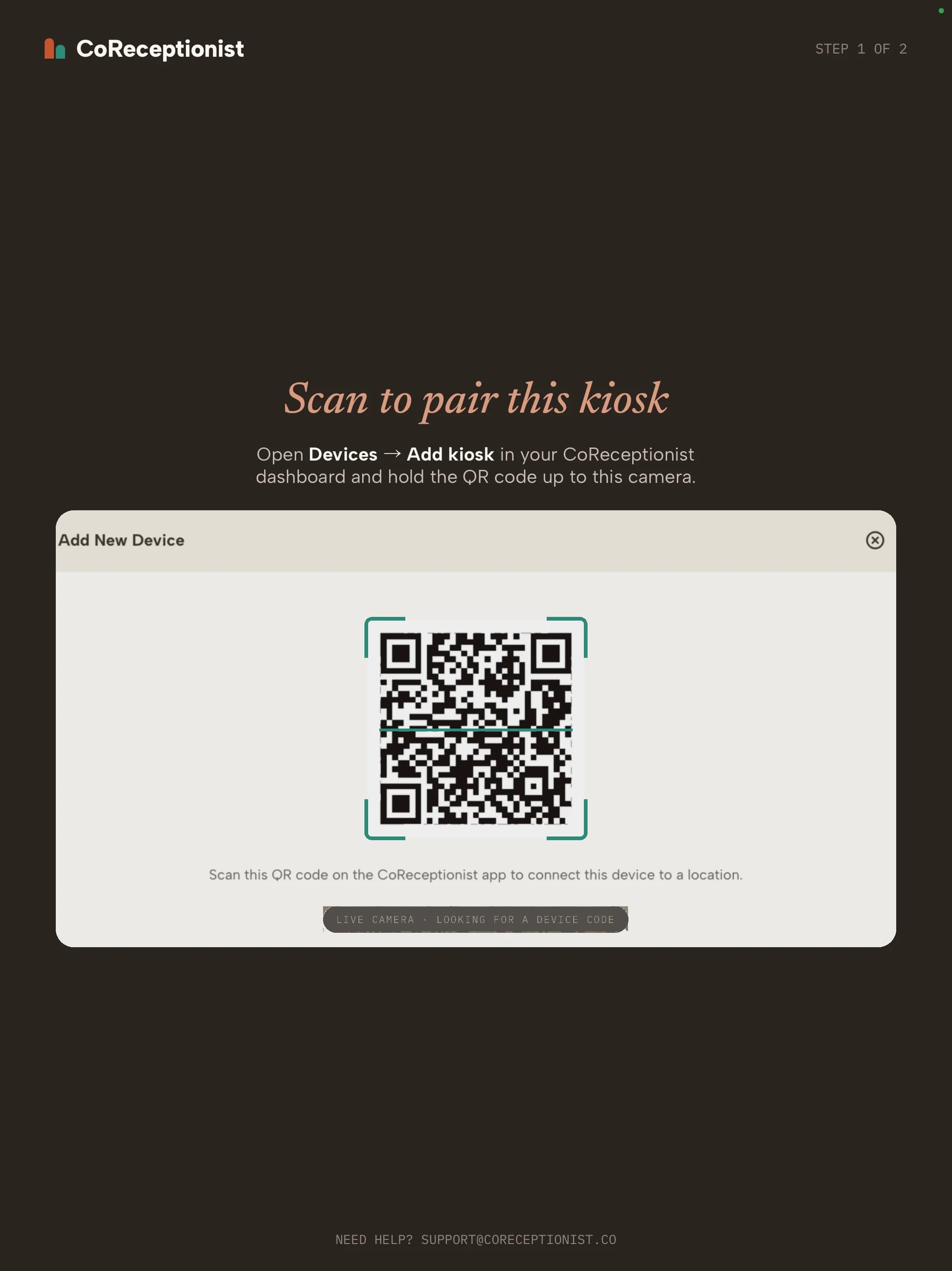Kiosk Scan to pair this kiosk screen reading the pairing QR code