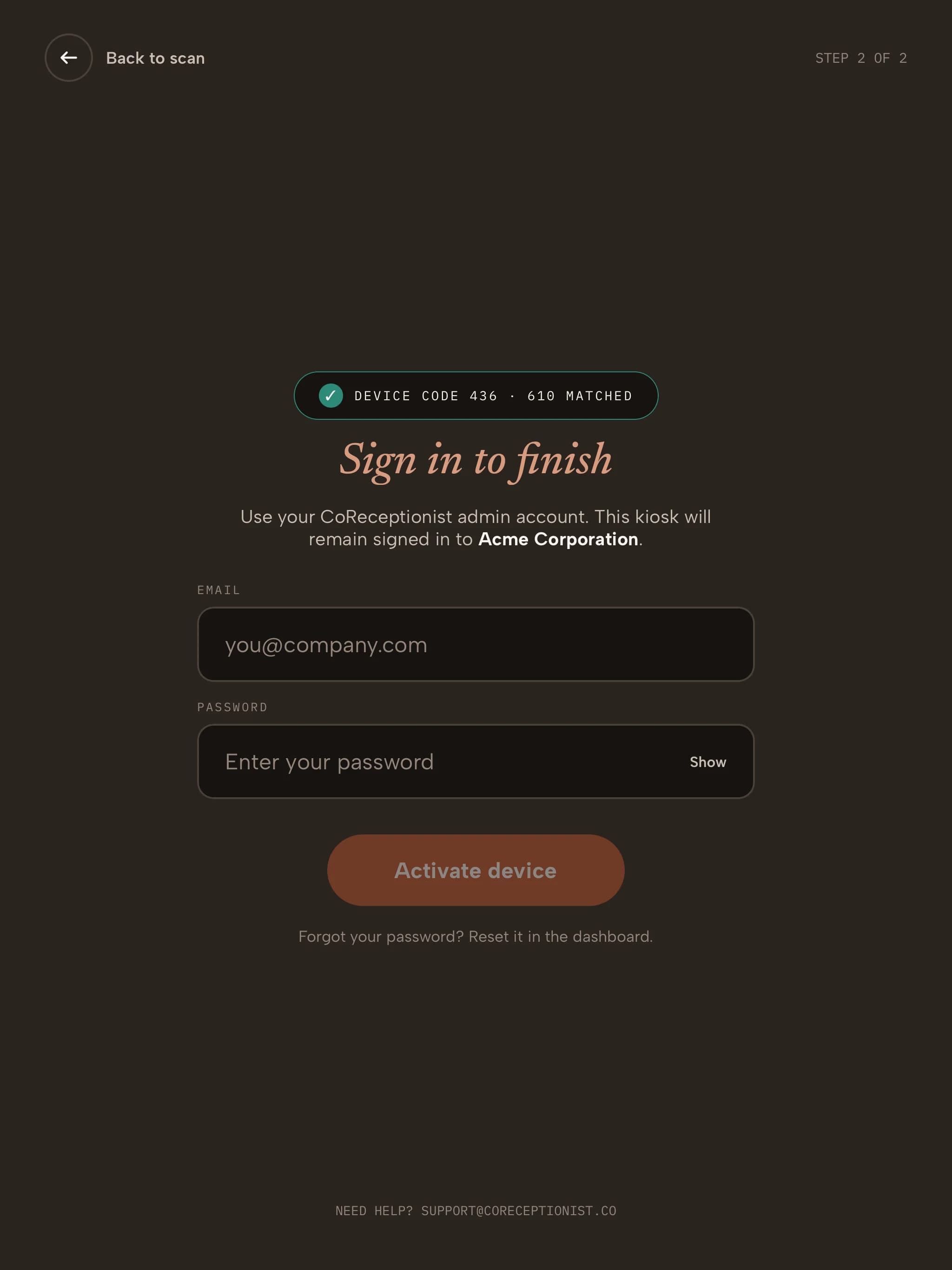 Kiosk Sign in to finish screen after the device code matched