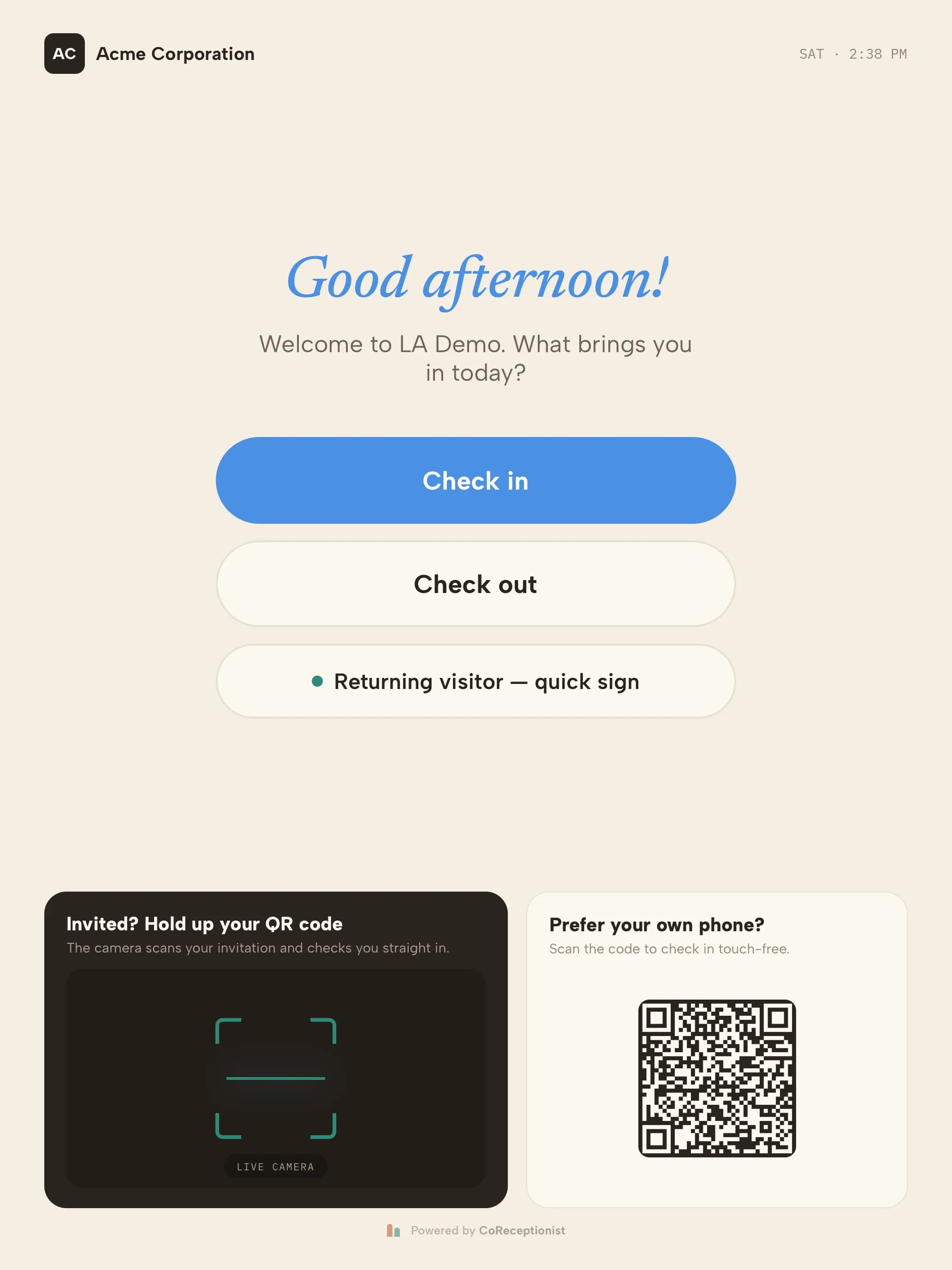 Kiosk welcome screen with the QR code scanner