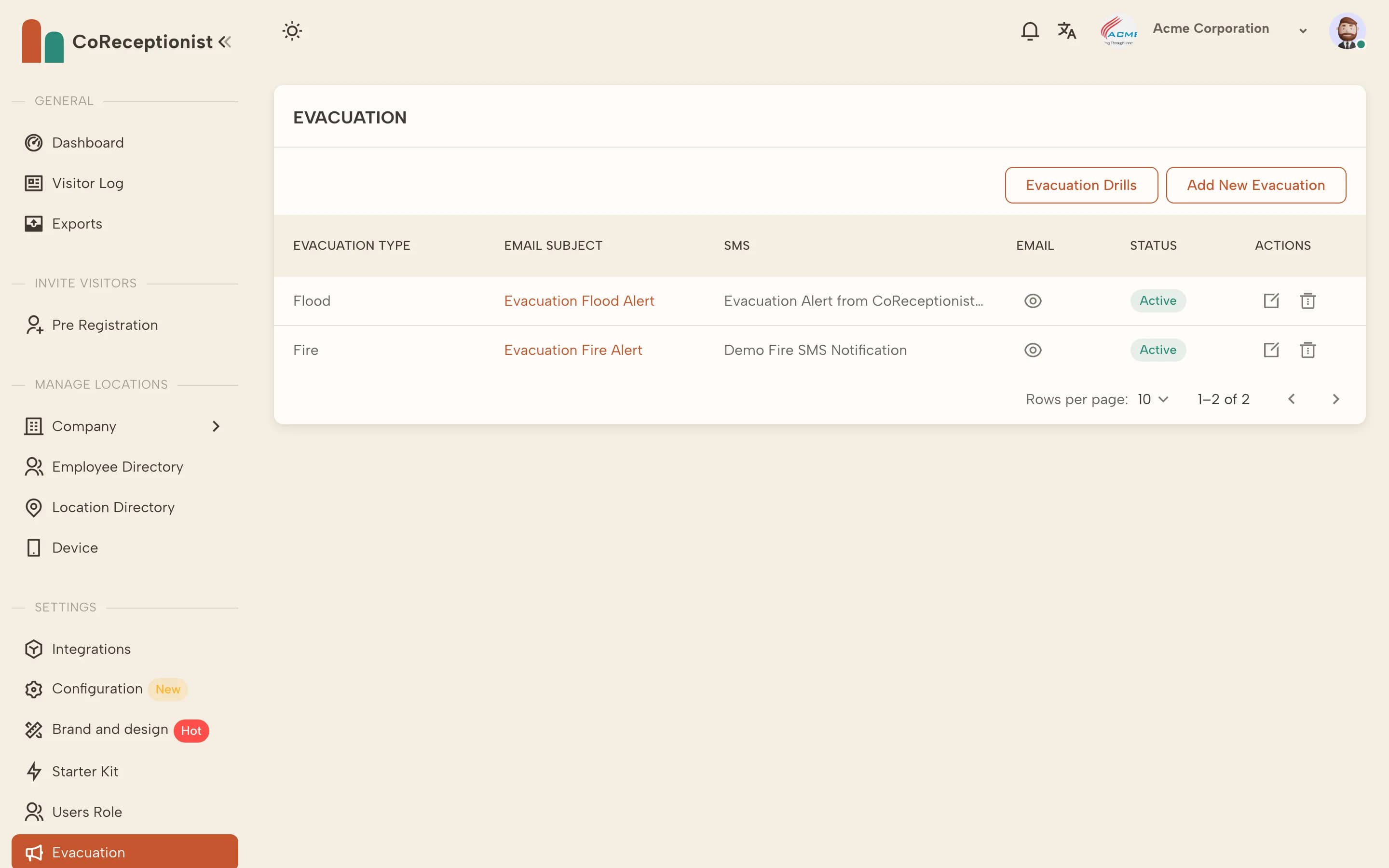 Evacuation types with email subject and SMS text
