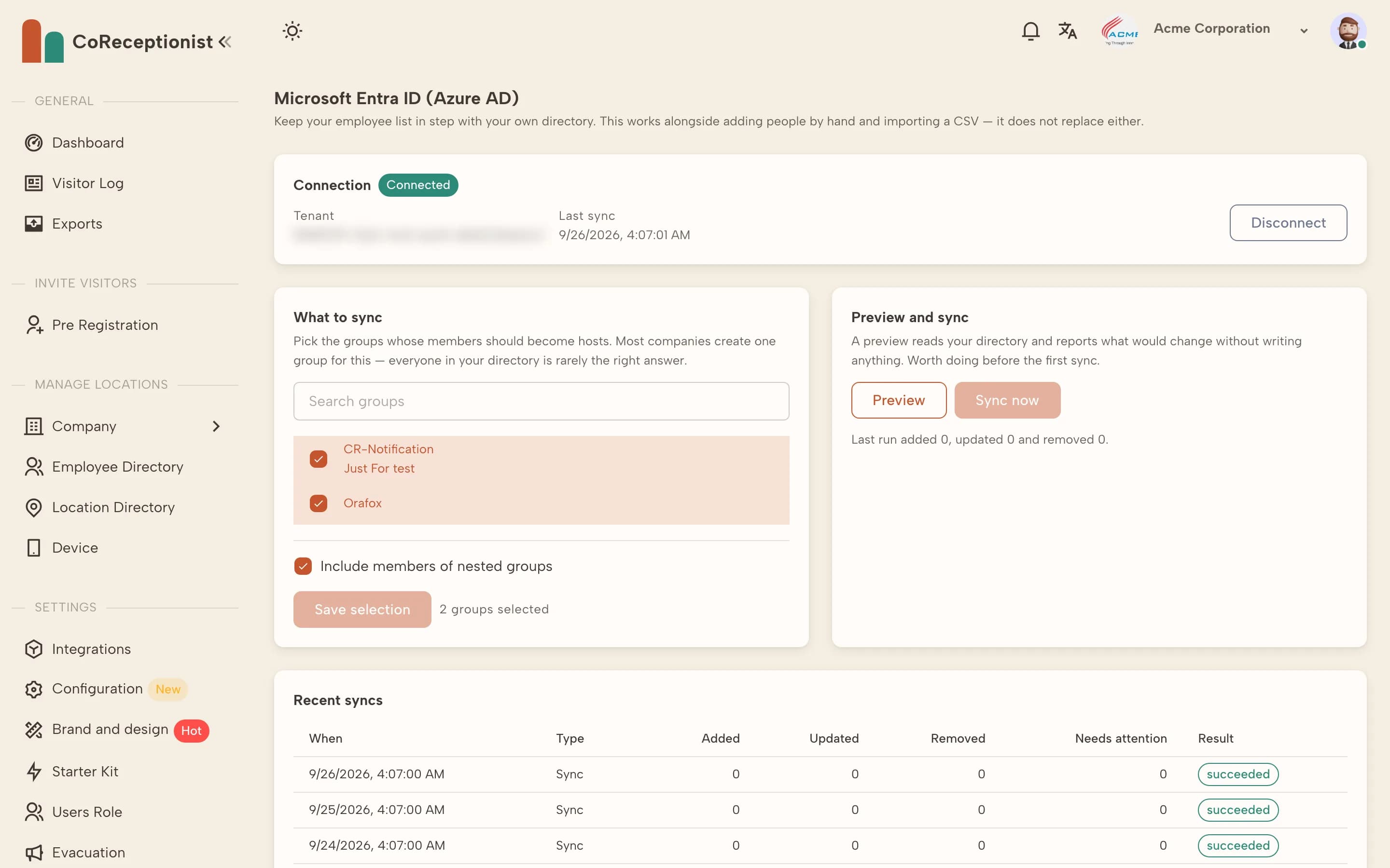 Microsoft Entra ID sync with connection status, selected groups and recent syncs