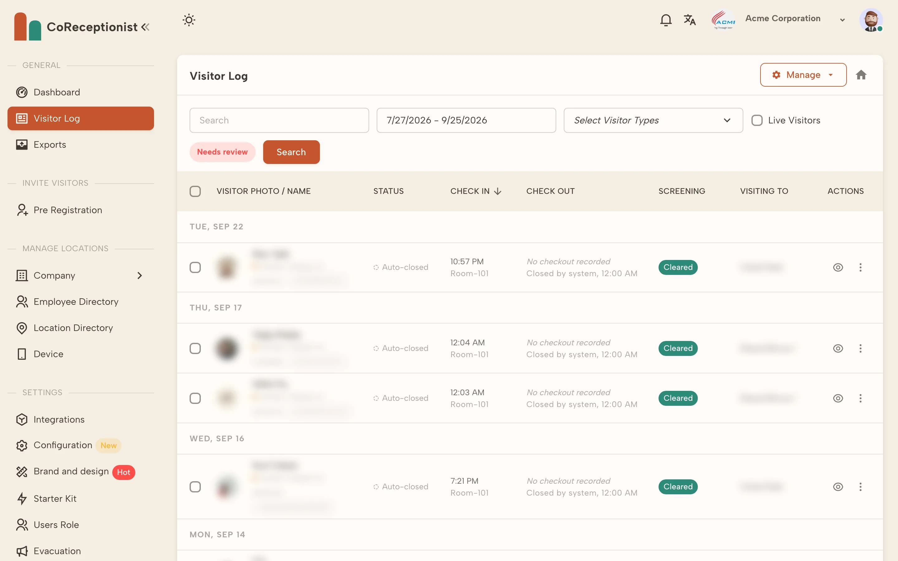 Visitor Log filtered by date range