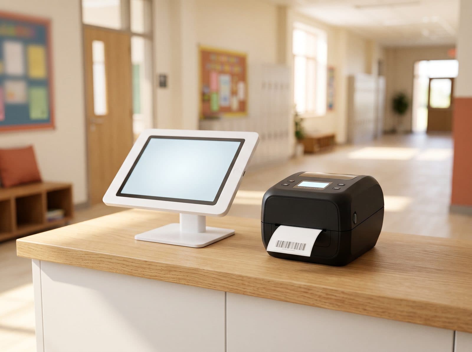 Tablet check-in kiosk with a Brother QL-820NWB badge printer on a school front office counter