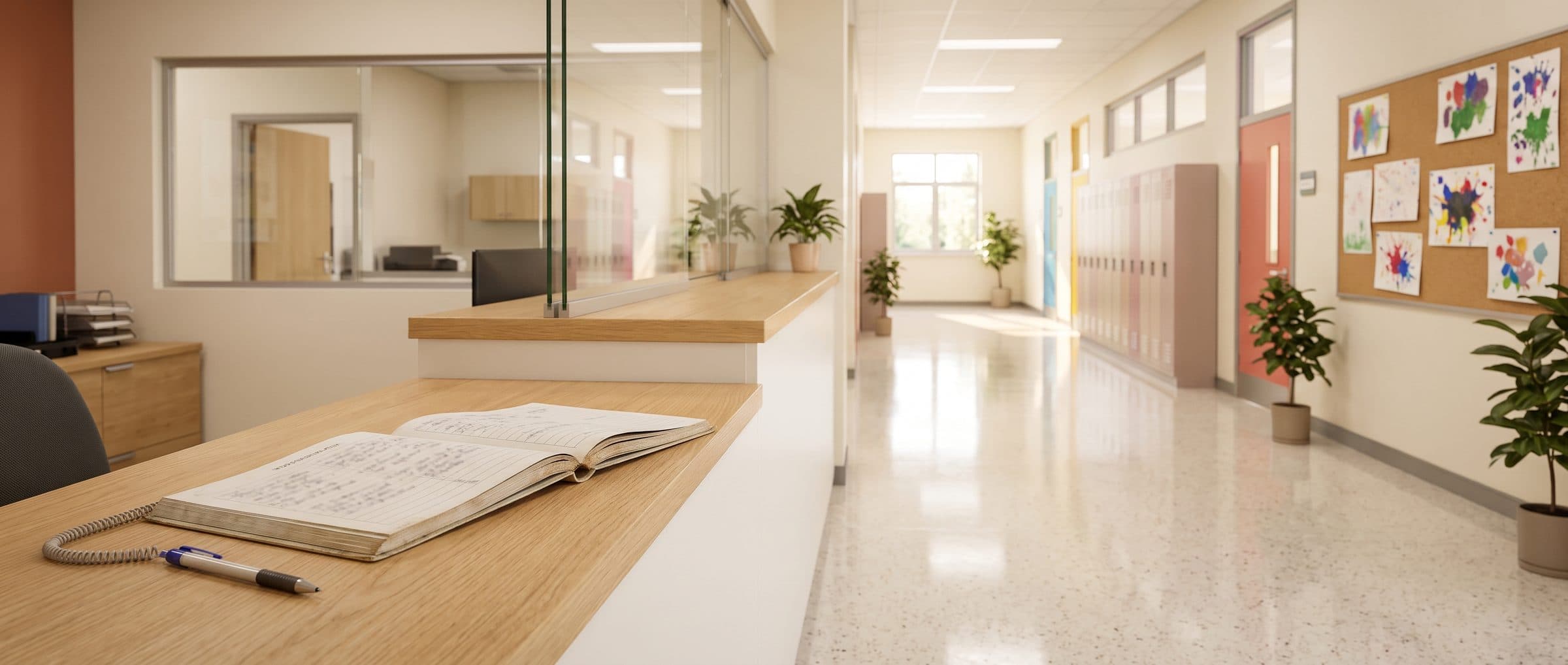 Paper visitor sign-in book on the front office counter of a modern school, with a hallway of classrooms behind