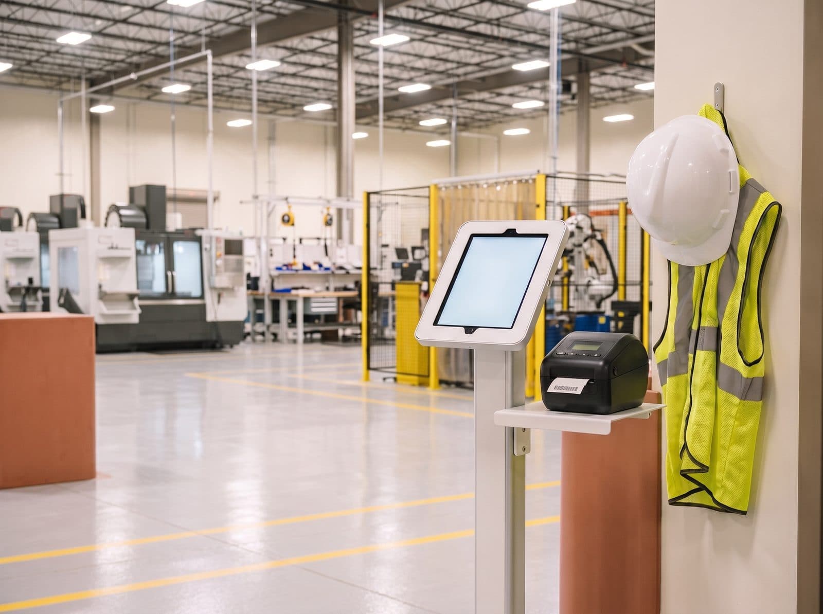 Tablet check-in kiosk with a Brother QL-820NWB badge printer at the entrance to a manufacturing production floor