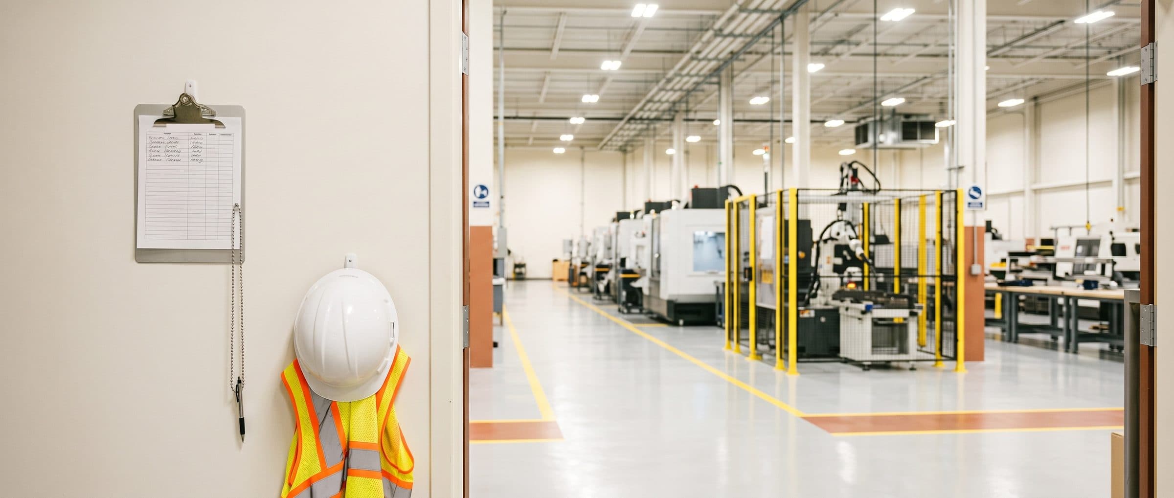 Paper contractor sign-in sheet on a clipboard at the entrance to a manufacturing production floor with CNC machines and a guarded robot cell