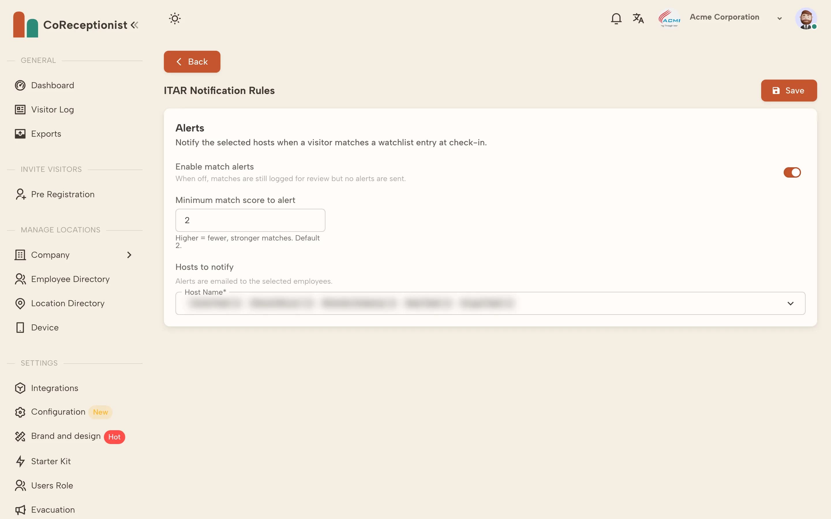 ITAR screening settings with match alerts, minimum score and hosts to notify