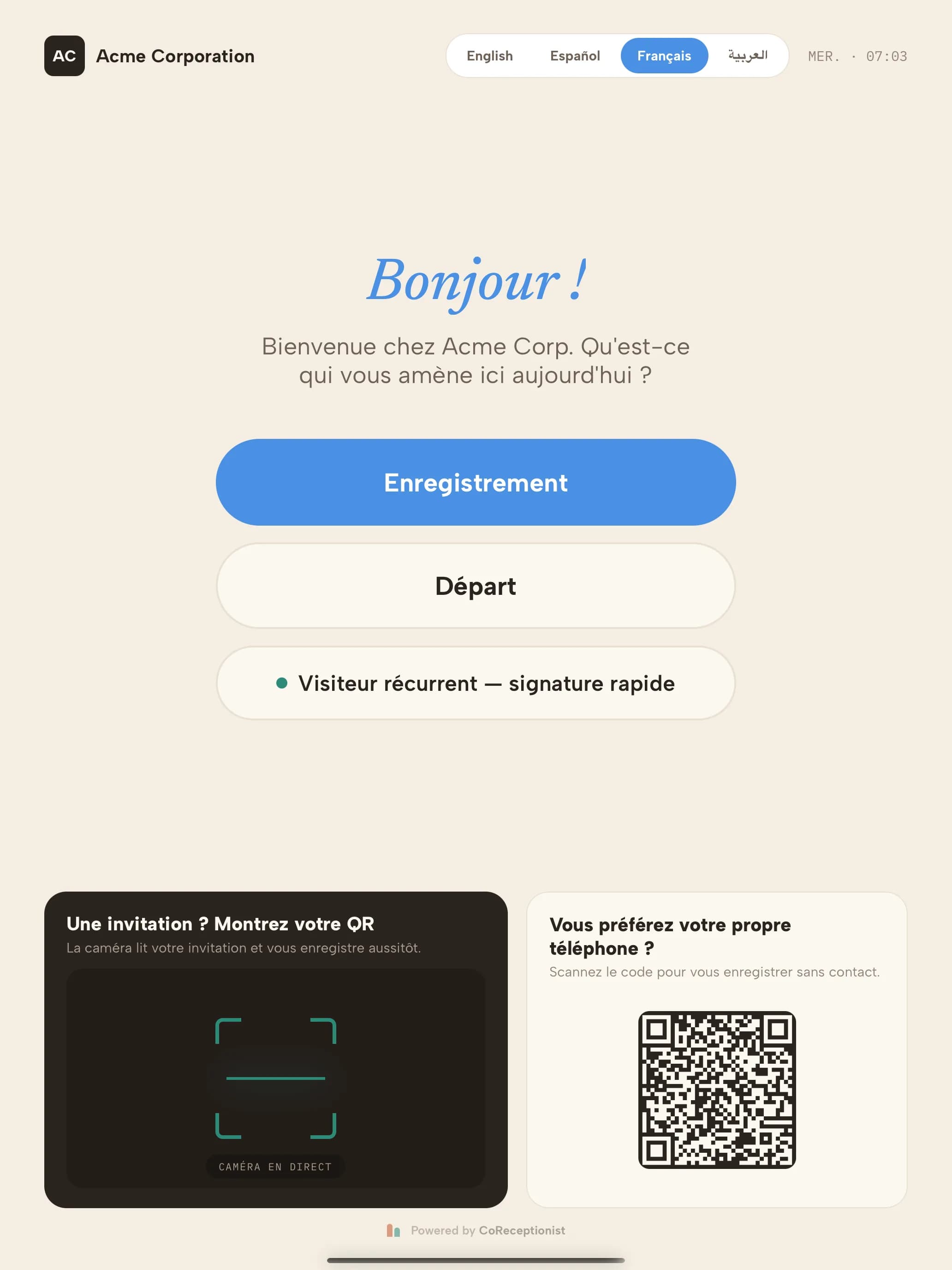 Kiosk welcome screen in French