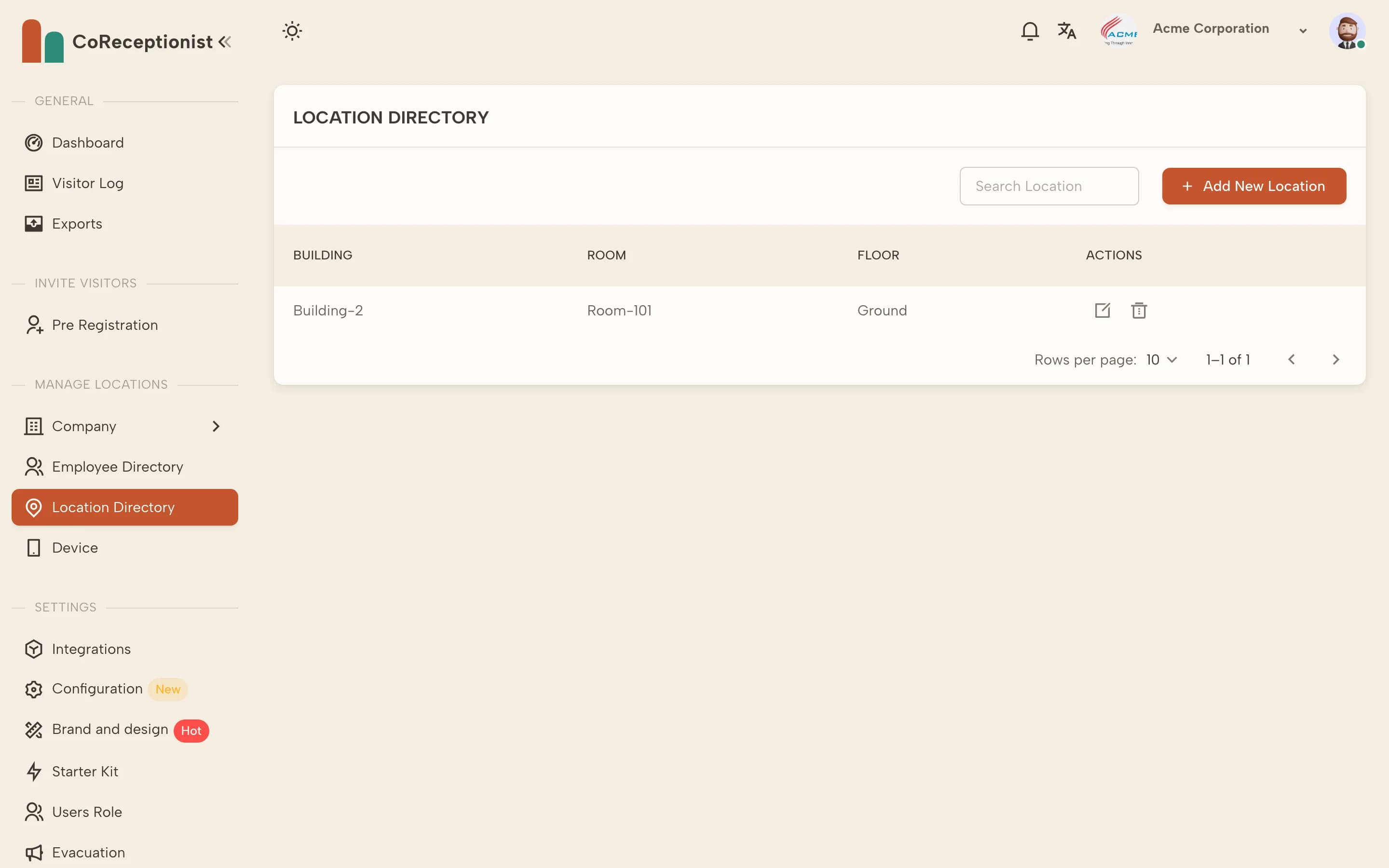 Location Directory with the Add New Location button