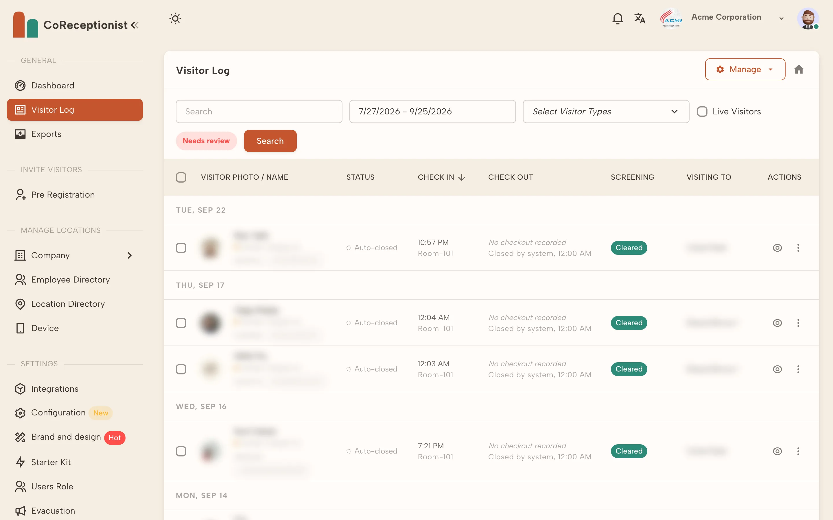 The visitor log in the CoReceptionist dashboard